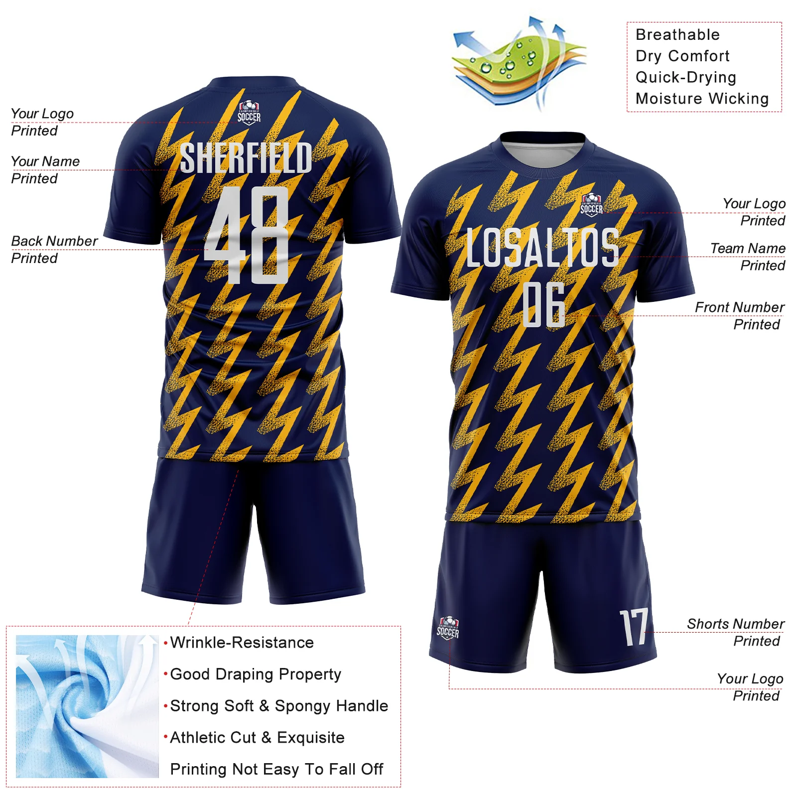 Custom Navy White-Gold Zigzag Shape Sublimation Soccer Uniform Jersey - Image 4