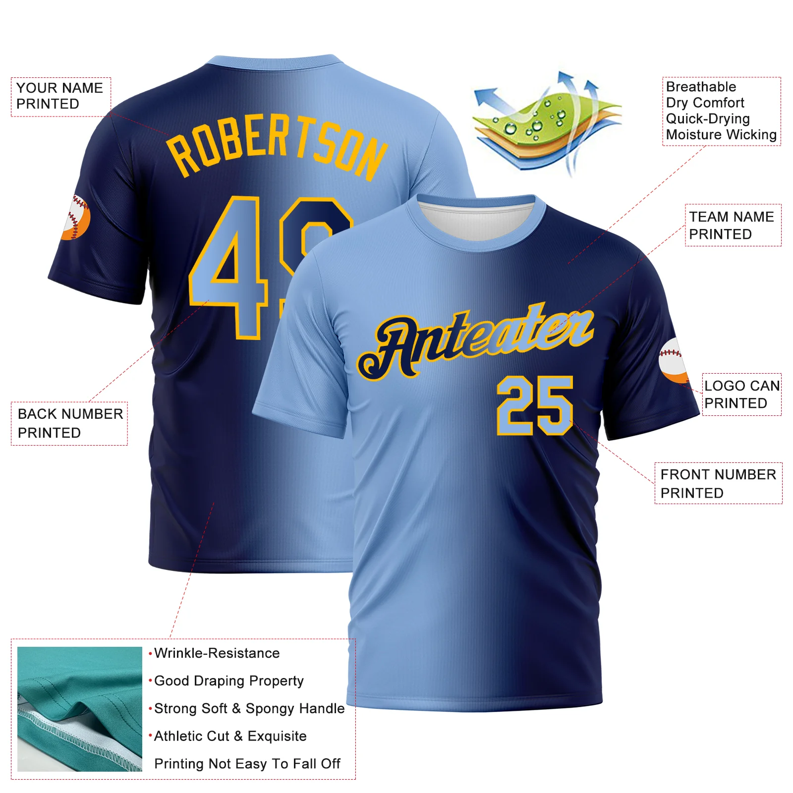 Custom Navy Light Blue-Gold Gradient Fashion Performance T-Shirt - Image 3