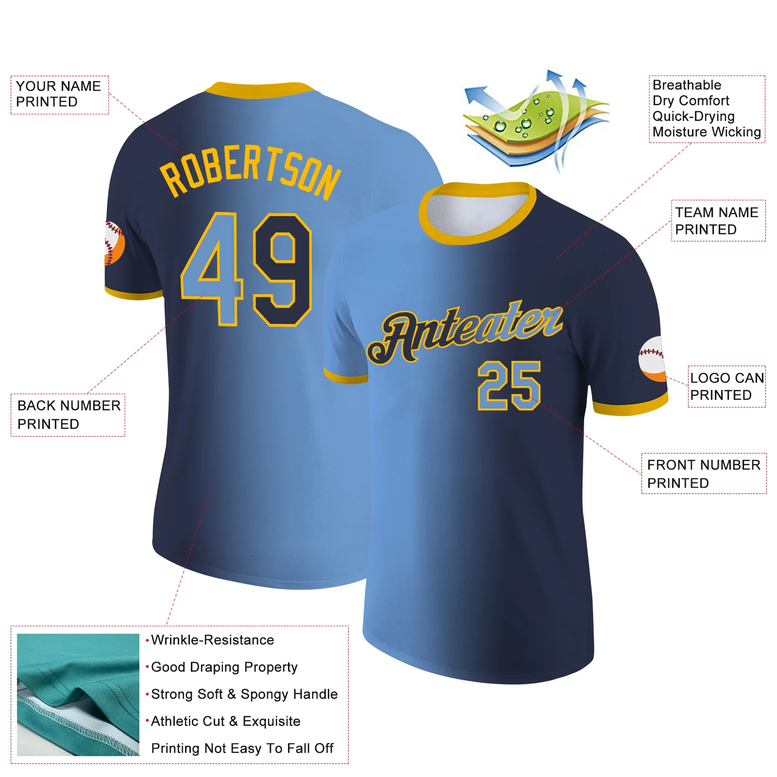 Custom Navy Light Blue-Gold Gradient Fashion Performance T-Shirt - Image 2