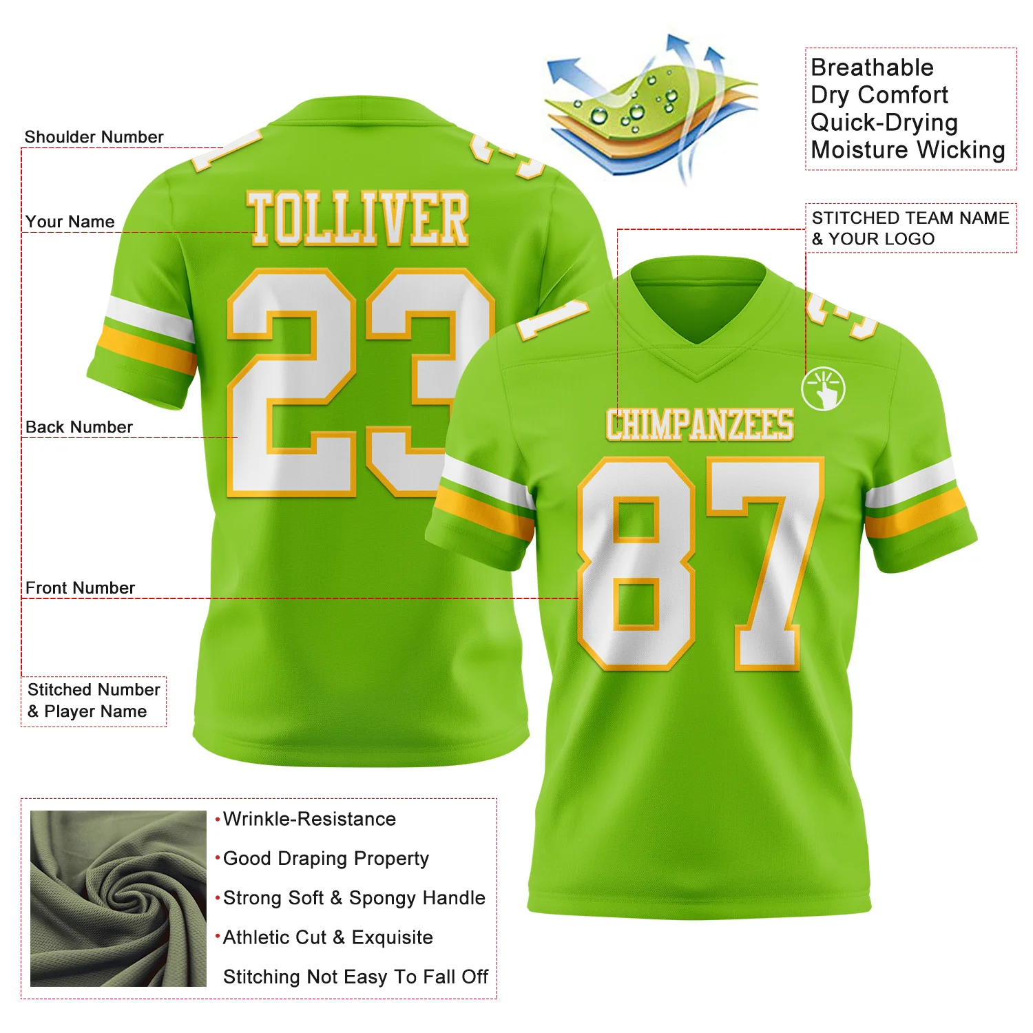 Custom Neon Green White-Gold Authentic Football Jersey - Image 3