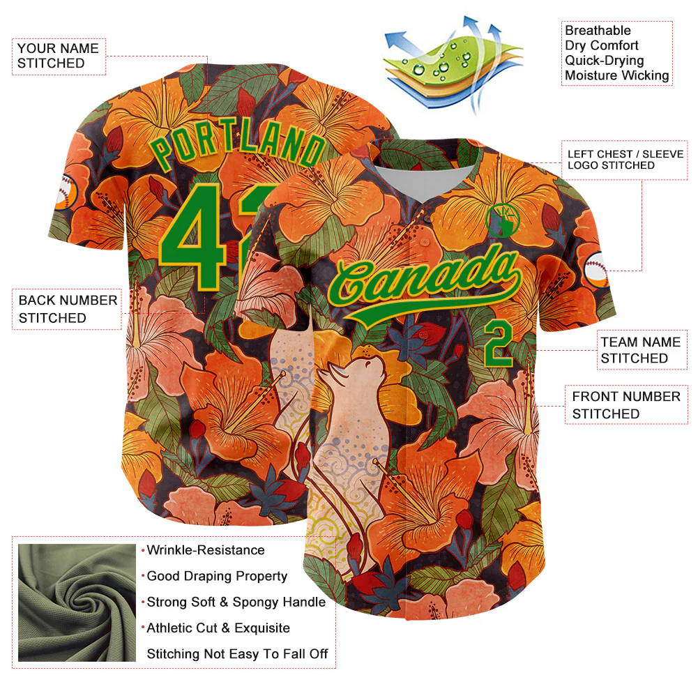 Custom Orange Grass Green-Gold 3D Syntetyc Cat And Hibiscus Authentic Baseball Jersey - Image 3