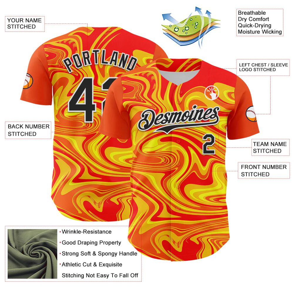 Custom Orange Black Gold-White 3D Pattern Design Rave Party Marble Lava Authentic Baseball Jersey - Image 3