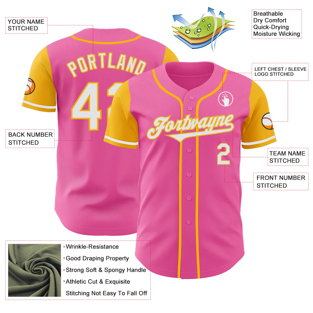 Custom Pink White-Gold Authentic Two Tone Baseball Jersey - Image 3