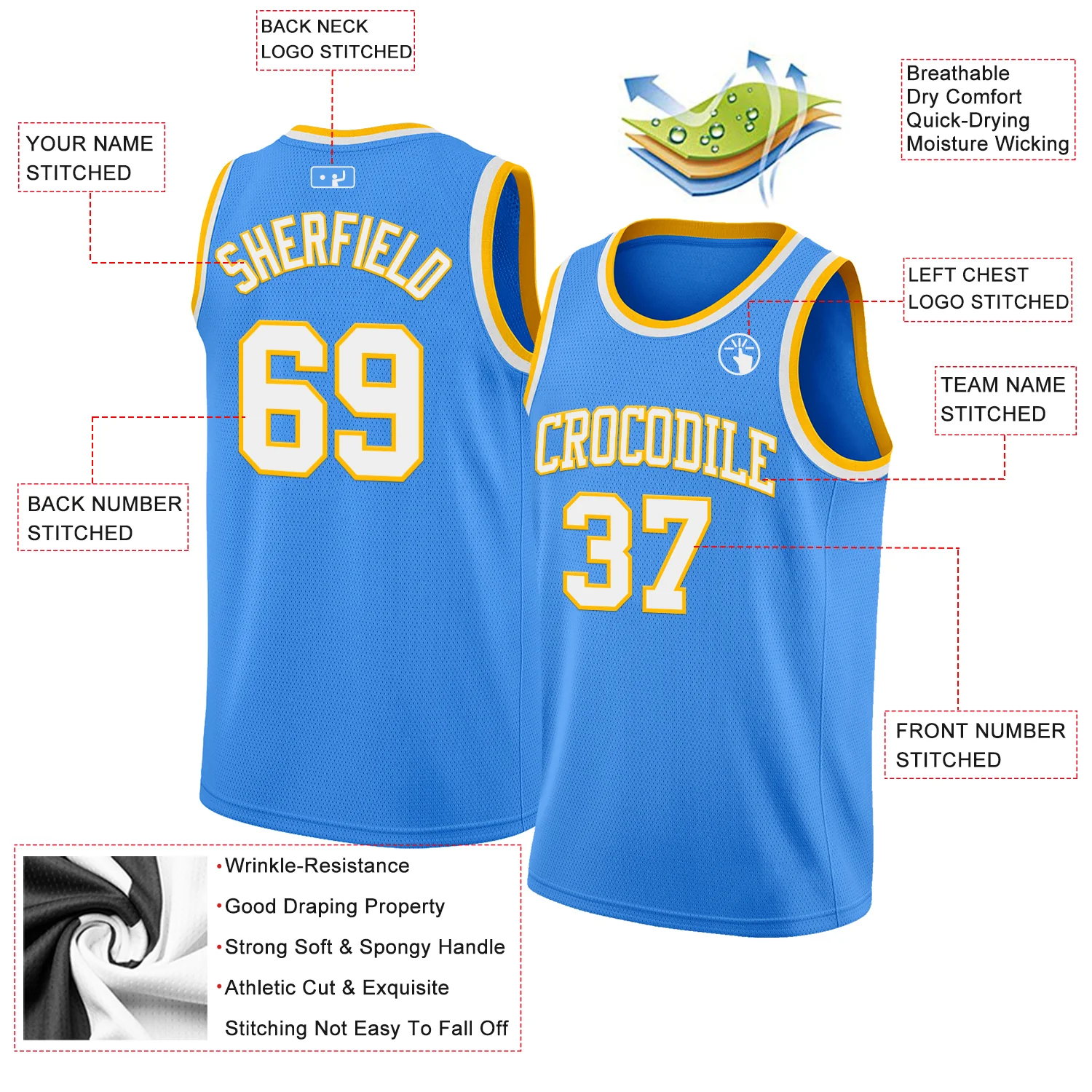 Custom Powder Blue White-Gold Authentic Basketball Jersey - Image 2