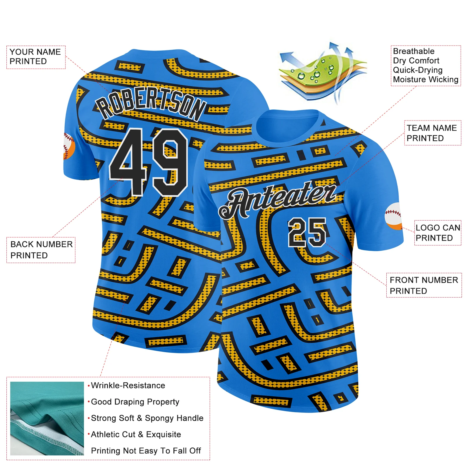 Custom Powder Blue Black-Gold 3D Esports Performance T-Shirt - Image 2