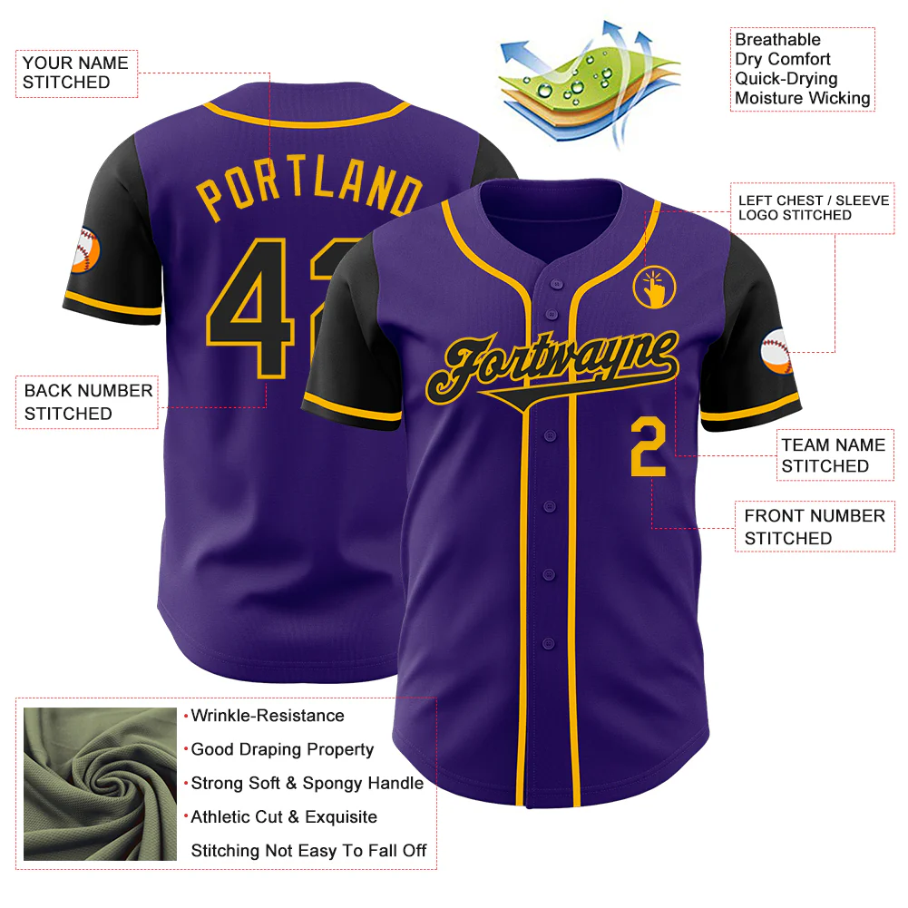 Custom Purple Black-Gold Authentic Two Tone Baseball Jersey - Image 3