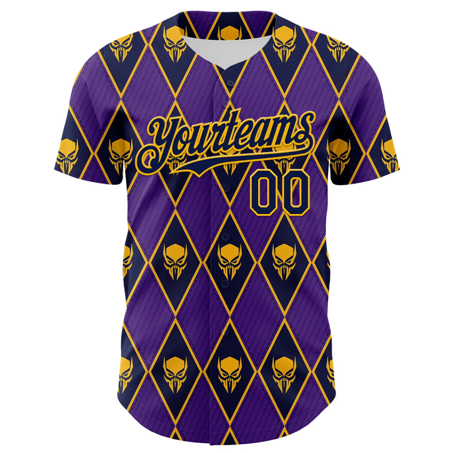 Custom Purple Navy-Gold 3D Skull Authentic Baseball Jersey - Image 2