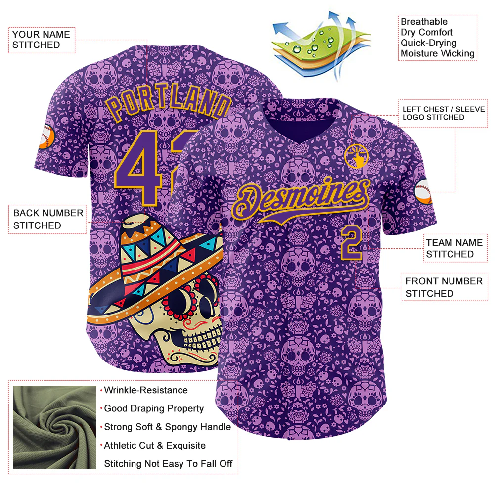 Custom Purple Gold Sugar Skull Day of the Dead Mexican Folk Art Authentic Baseball Jersey - Image 3
