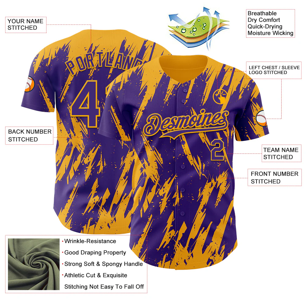 Custom Purple Gold Splatter Torn Sharp Brush Stroke Authentic Baseball Jersey - Image 3