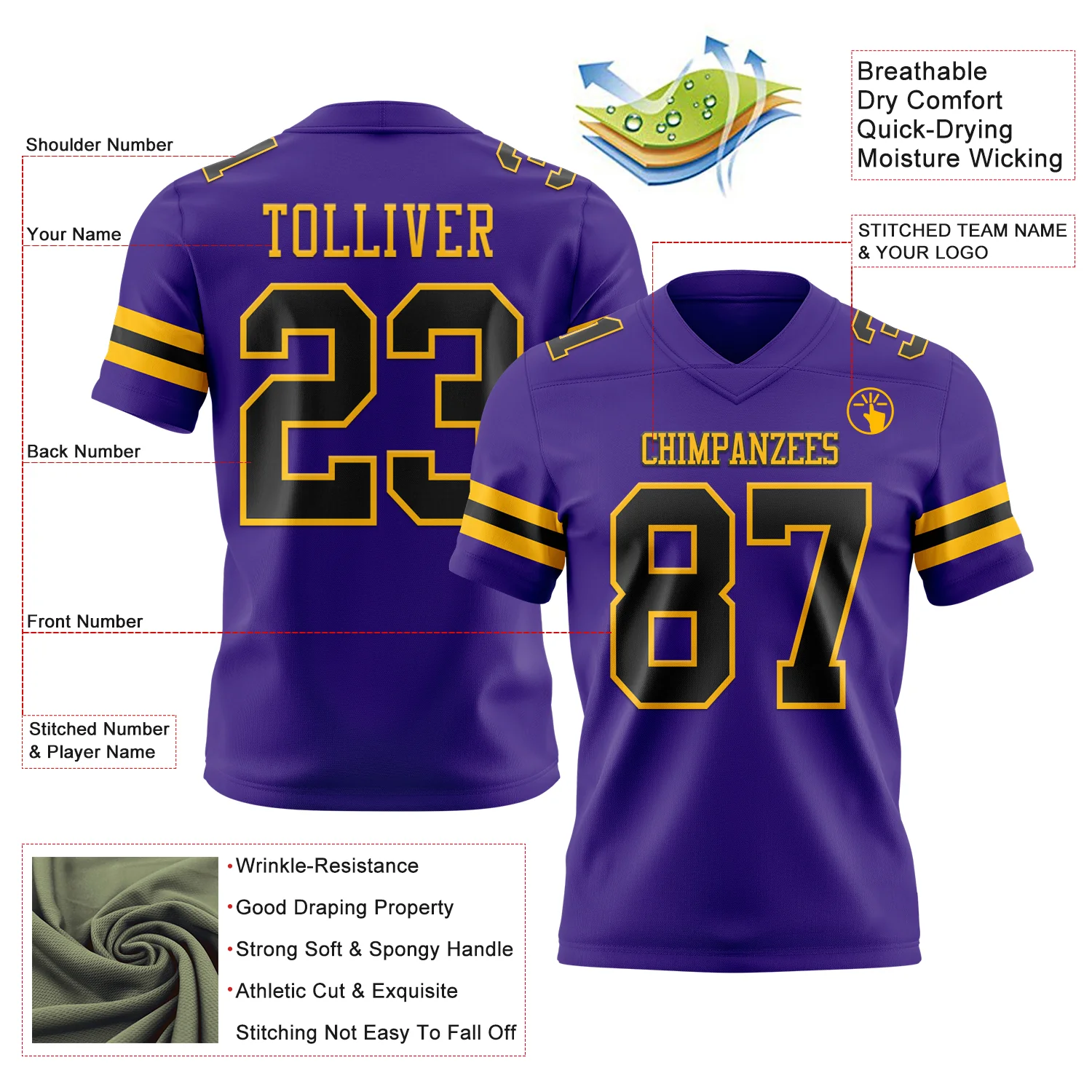 Custom Purple Black-Gold Authentic Football Jersey - Image 3