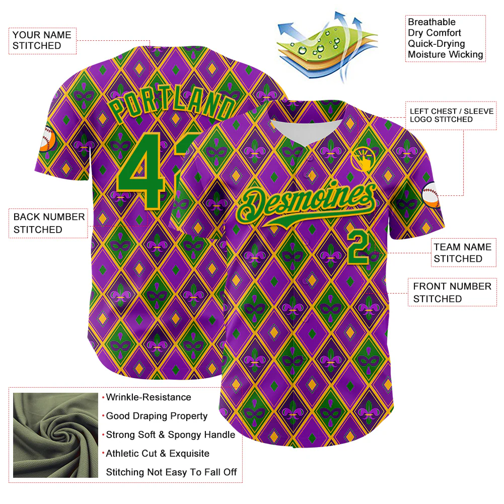 Custom Purple Grass Green-Gold 3D Pattern Design Mardi Gras Shrove Tuesday Authentic Baseball Jersey - Image 3