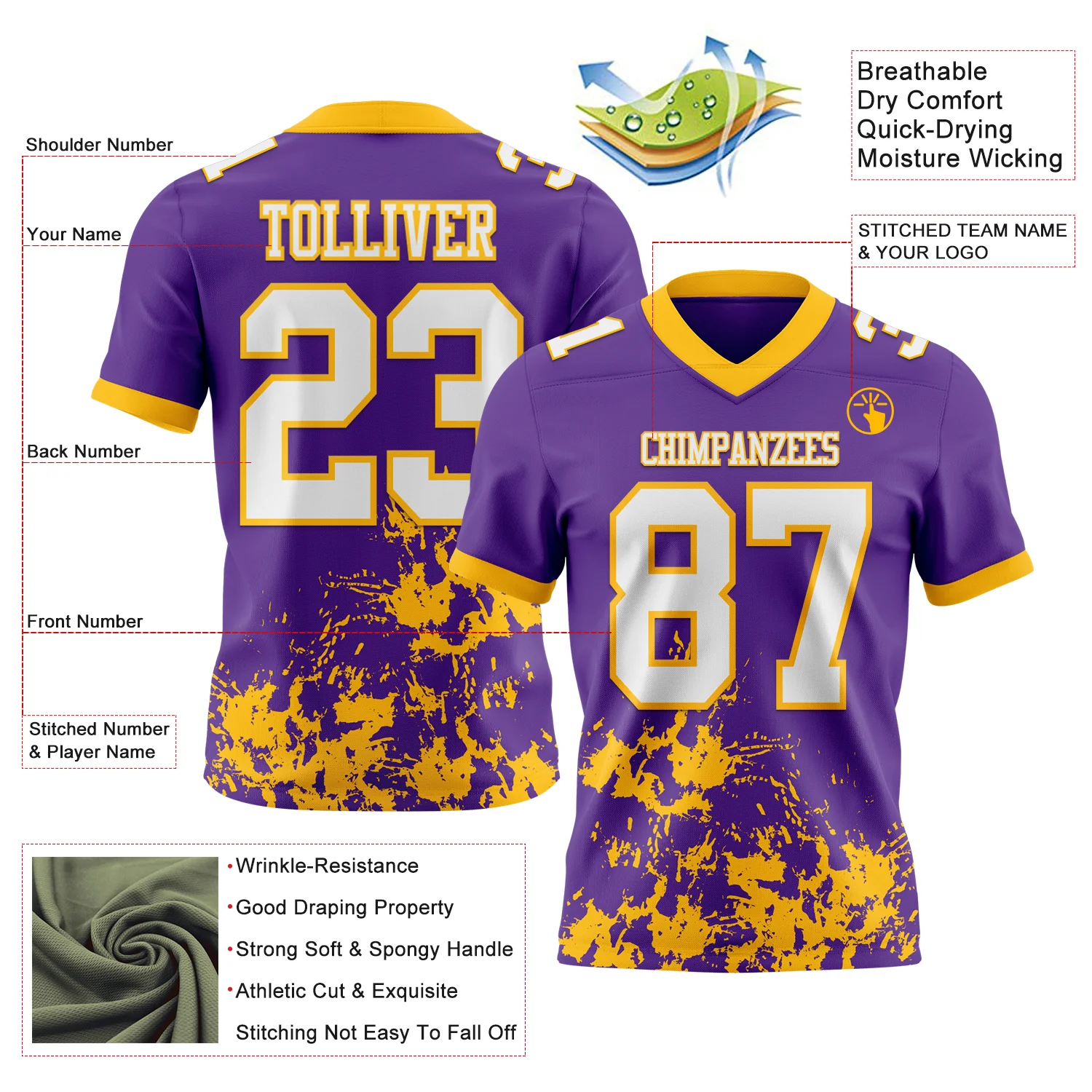 Custom Purple White-Gold 3D Pattern Splash Authentic Football Jersey - Image 2