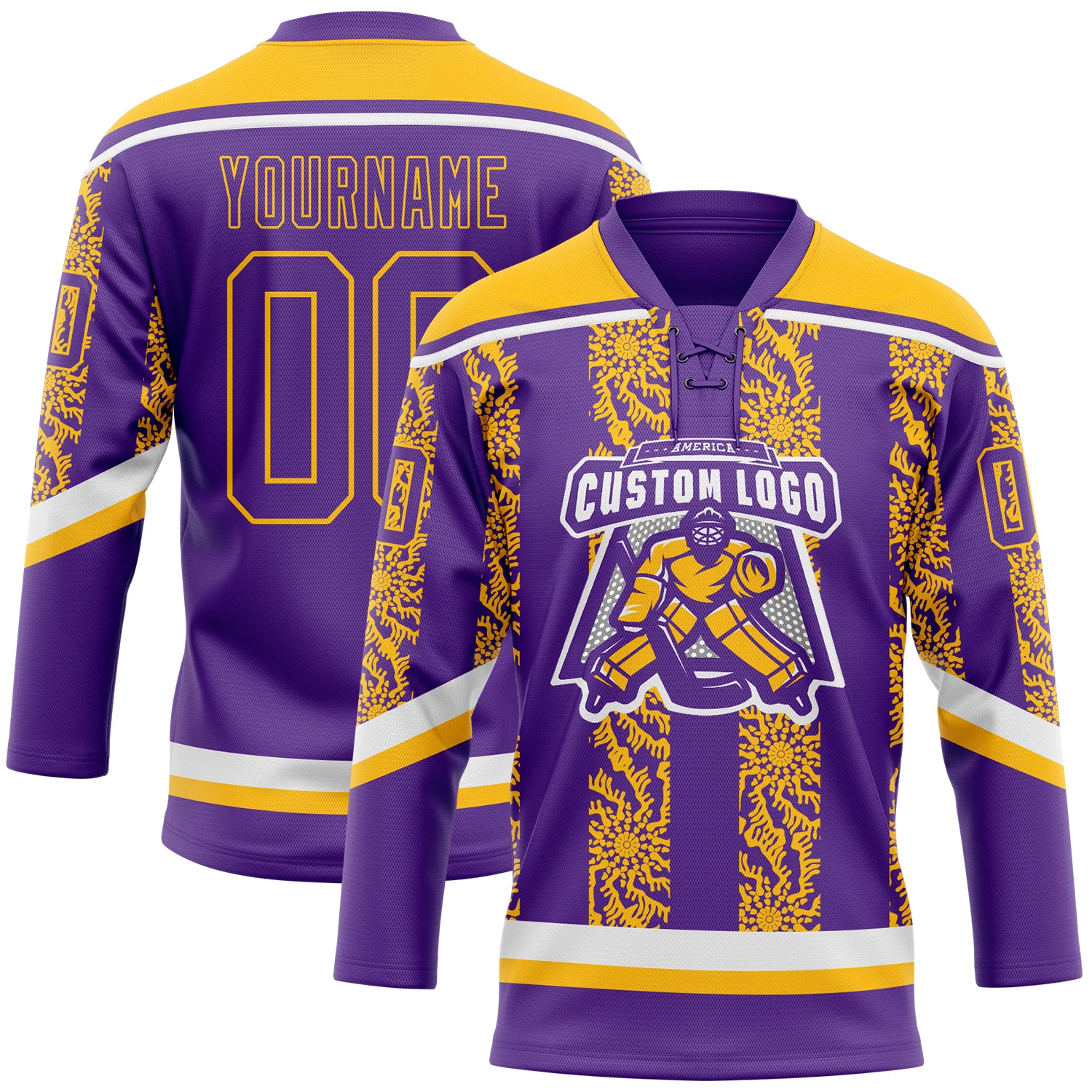 Custom Purple Gold-White 3D Pattern Abstract Shape Hockey Lace Neck Jersey - Image 2
