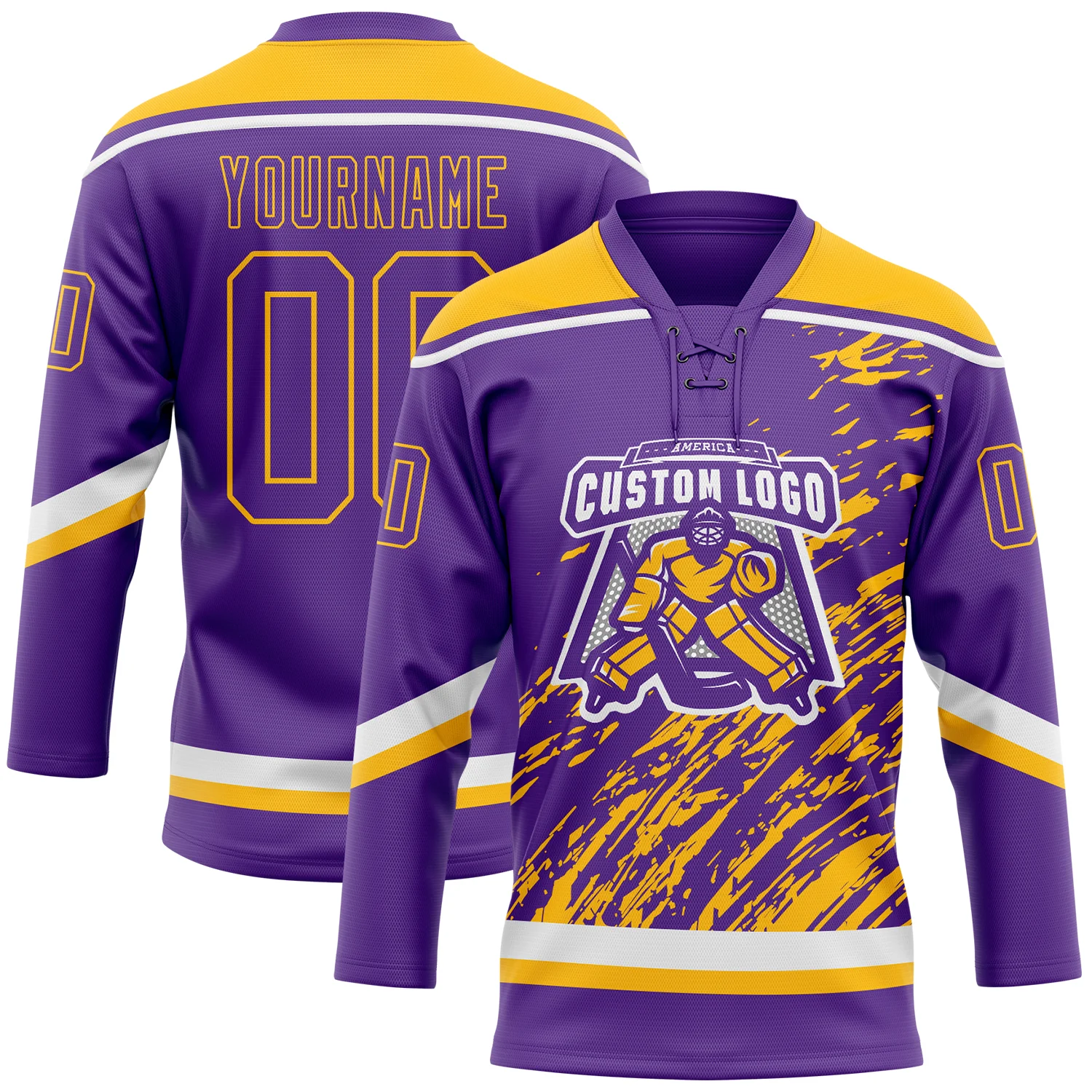 Custom Purple Gold-White 3D Splash Art Hockey Lace Neck Jersey - Image 2