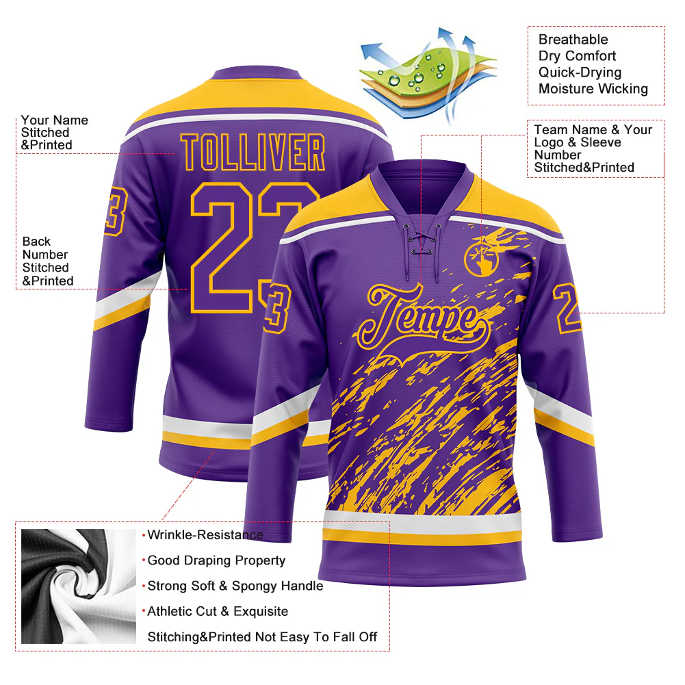Custom Purple Gold-White 3D Splash Art Hockey Lace Neck Jersey - Image 5