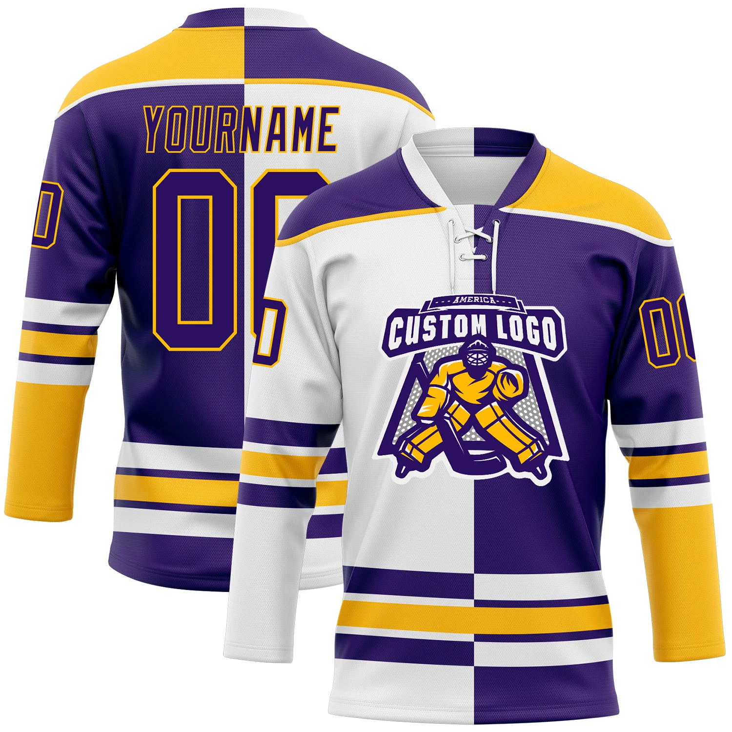 Custom Purple Gold-White Split Fashion Hockey Lace Neck Jersey - Image 2