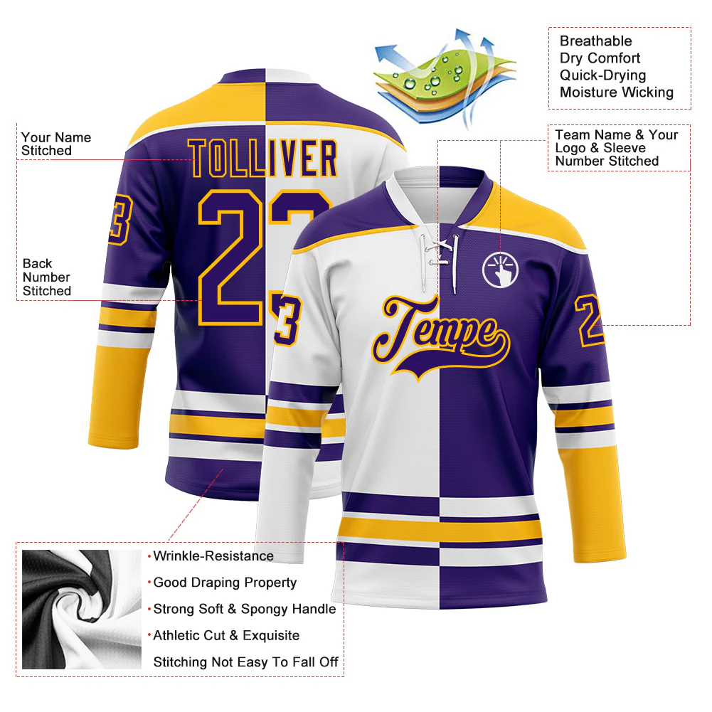 Custom Purple Gold-White Split Fashion Hockey Lace Neck Jersey - Image 3