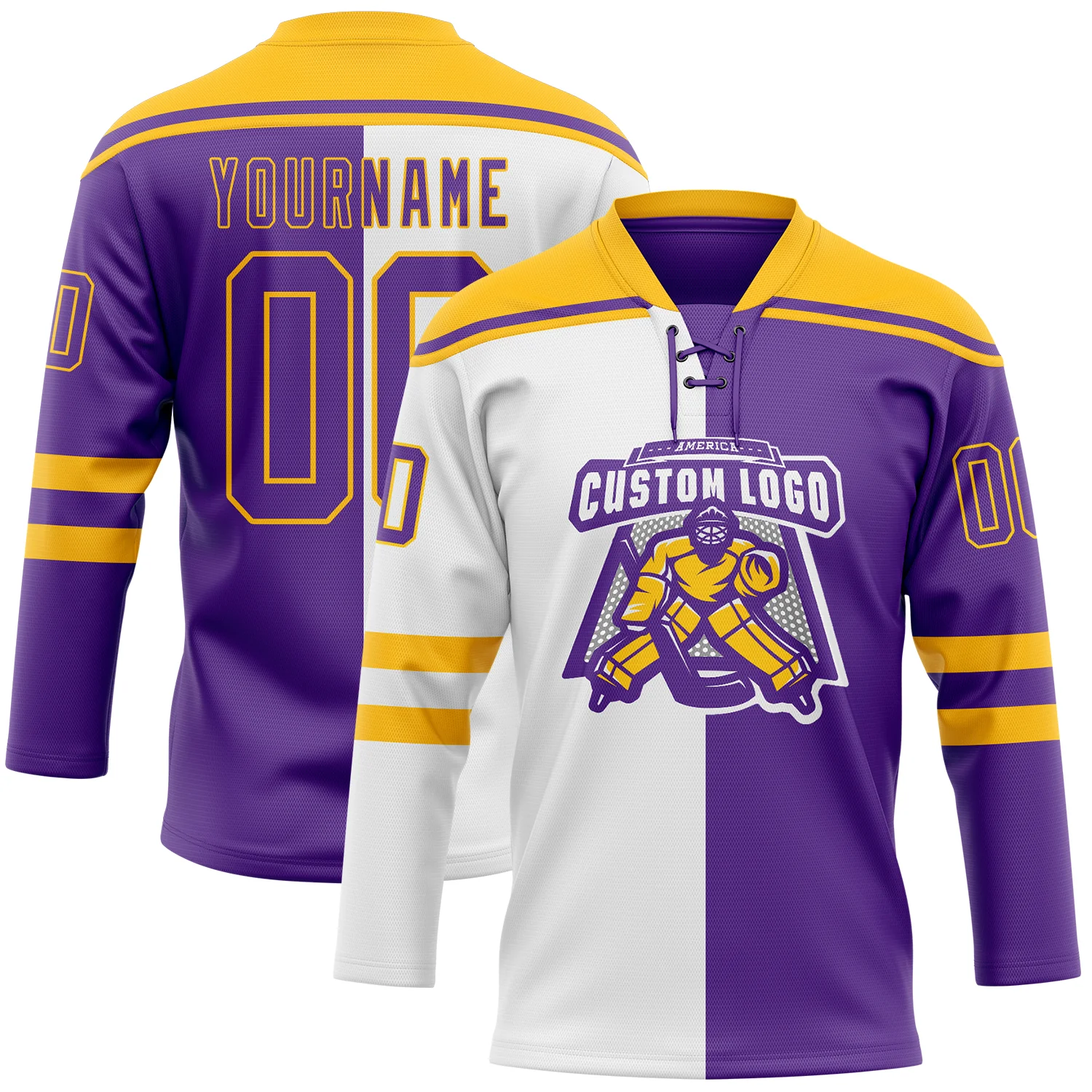 Custom Purple Gold-White Split Fashion Hockey Lace Neck Jersey - Image 2