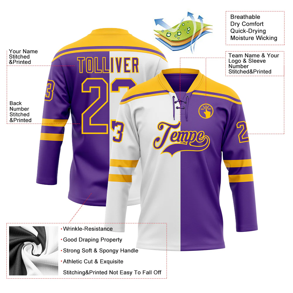 Custom Purple Gold-White Split Fashion Hockey Lace Neck Jersey - Image 5