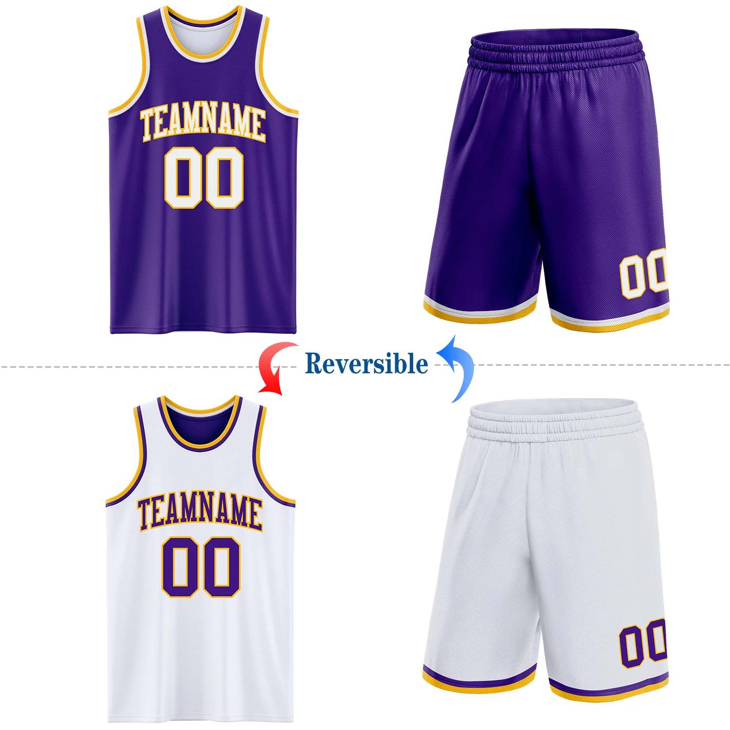 Custom Purple White-Gold Reversible Double Side Sublimation Basketball Suit Jersey - Image 2