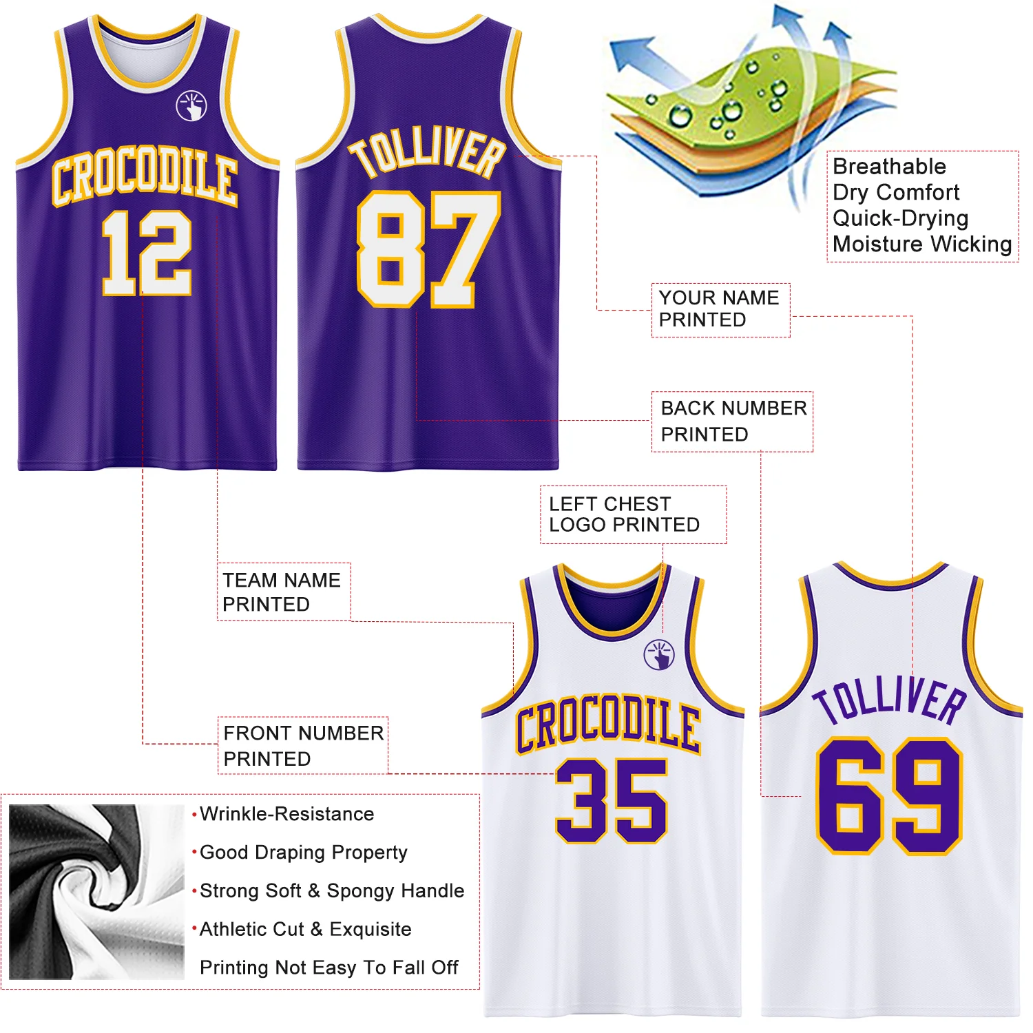 Custom Purple White-Gold Reversible Double Side Sublimation Basketball Suit Jersey - Image 5