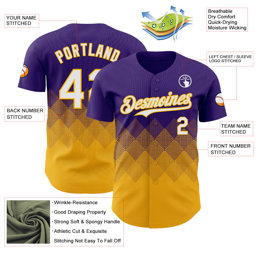 Custom Purple White-Gold 3D Gradient Square Shape Authentic Baseball Jersey - Image 3