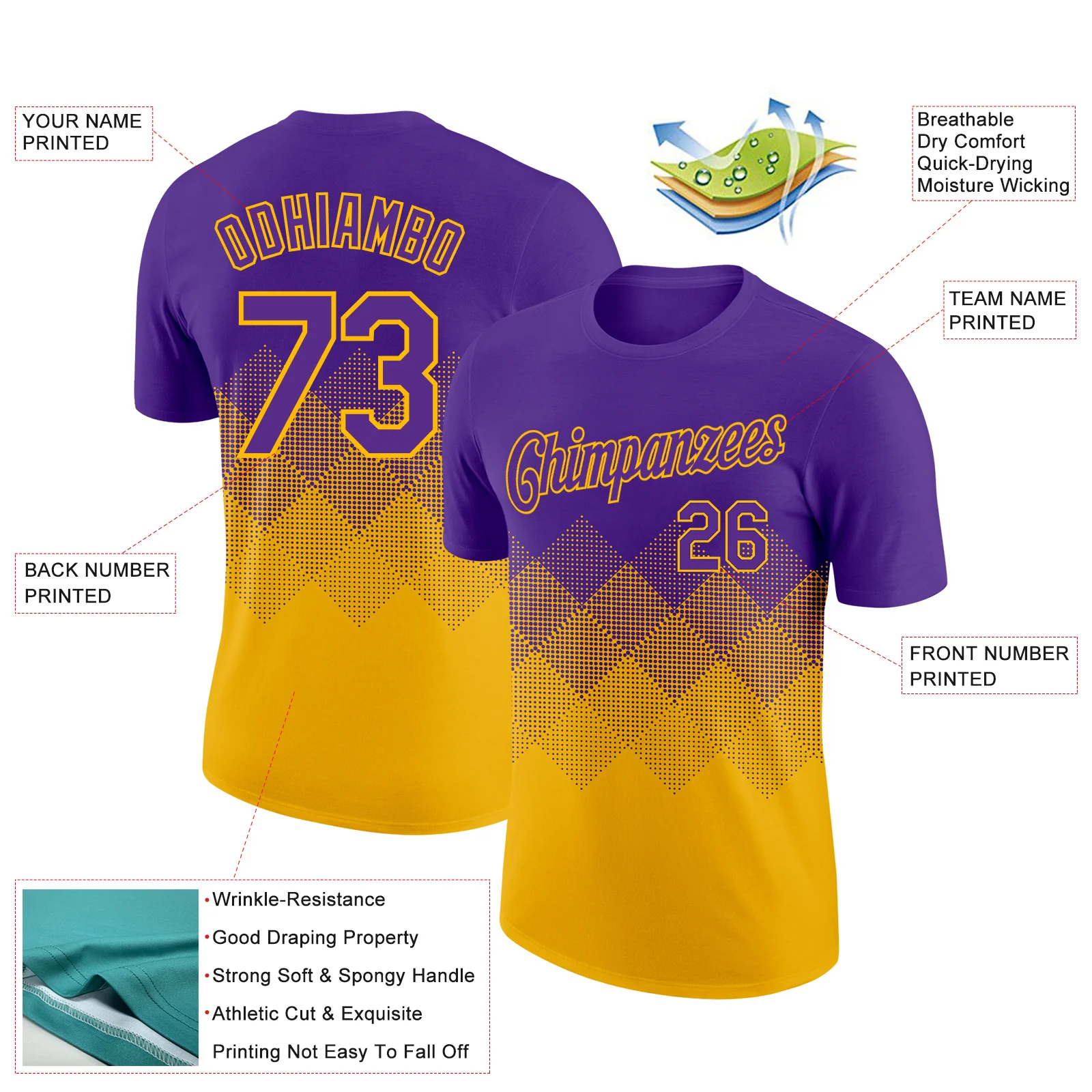 Custom Purple Gold 3D Pattern Design Gradient Square Shapes Performance T-Shirt - Image 2