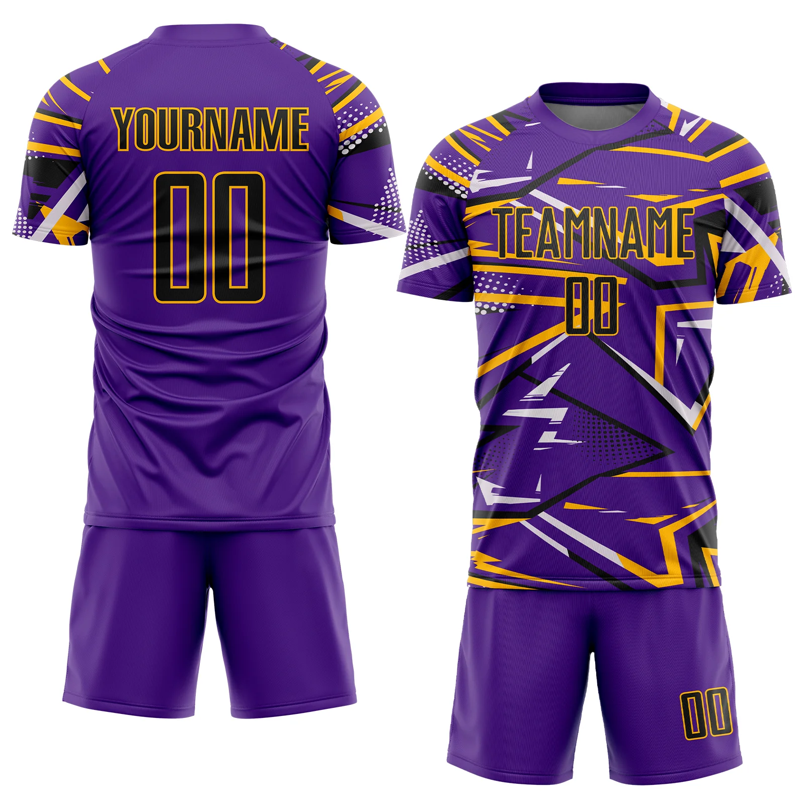 Custom Purple Black Gold-White Abstract Geometric Stripes Sports Sublimation Soccer Uniform Jersey - Image 2