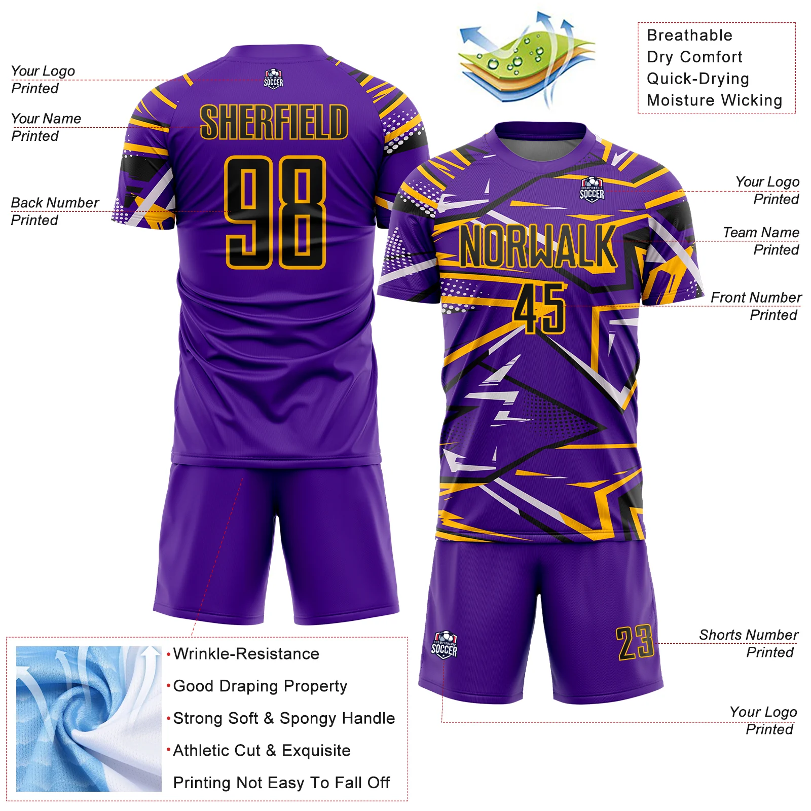 Custom Purple Black Gold-White Abstract Geometric Stripes Sports Sublimation Soccer Uniform Jersey - Image 4