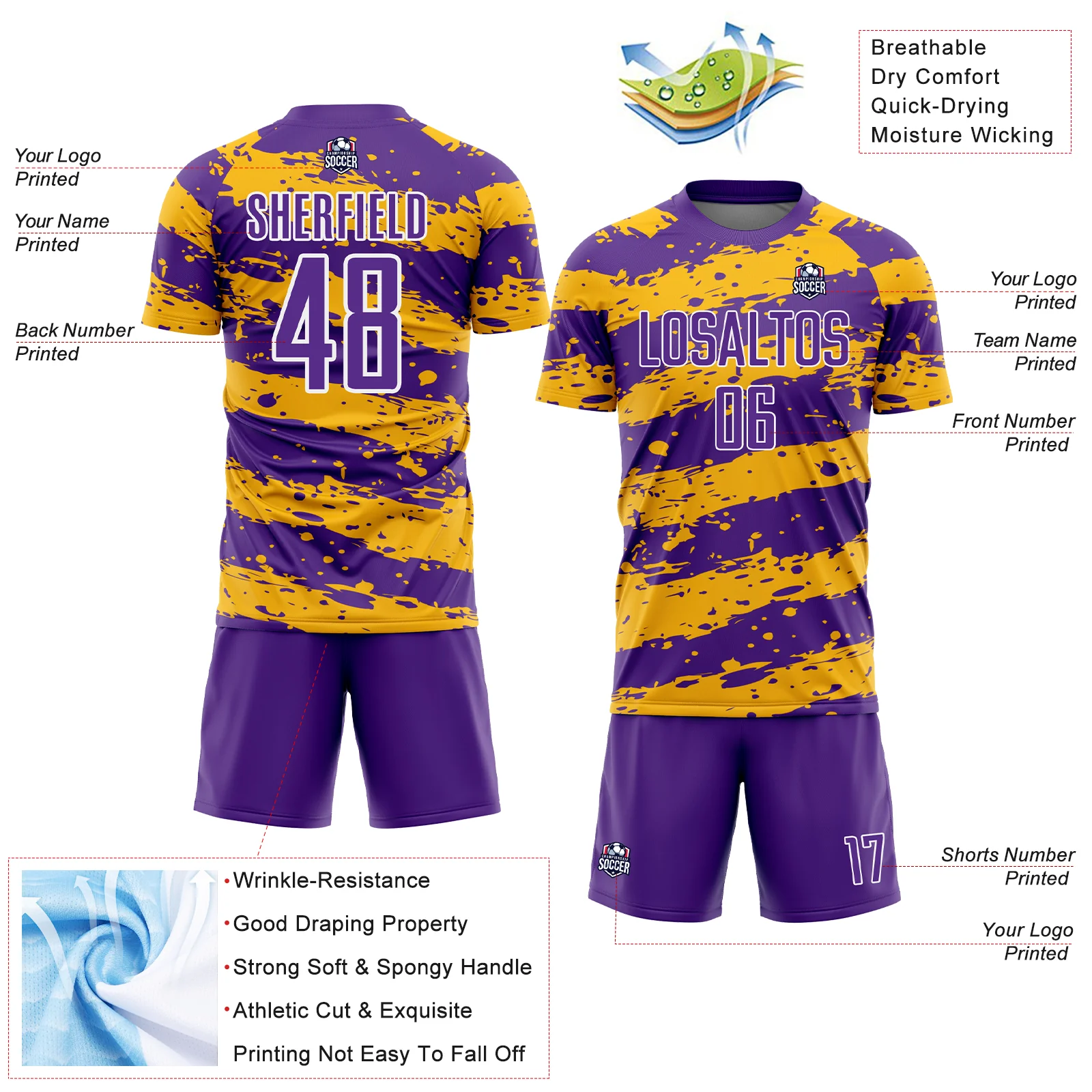 Custom Purple Gold-White Splash Sublimation Soccer Uniform Jersey - Image 4