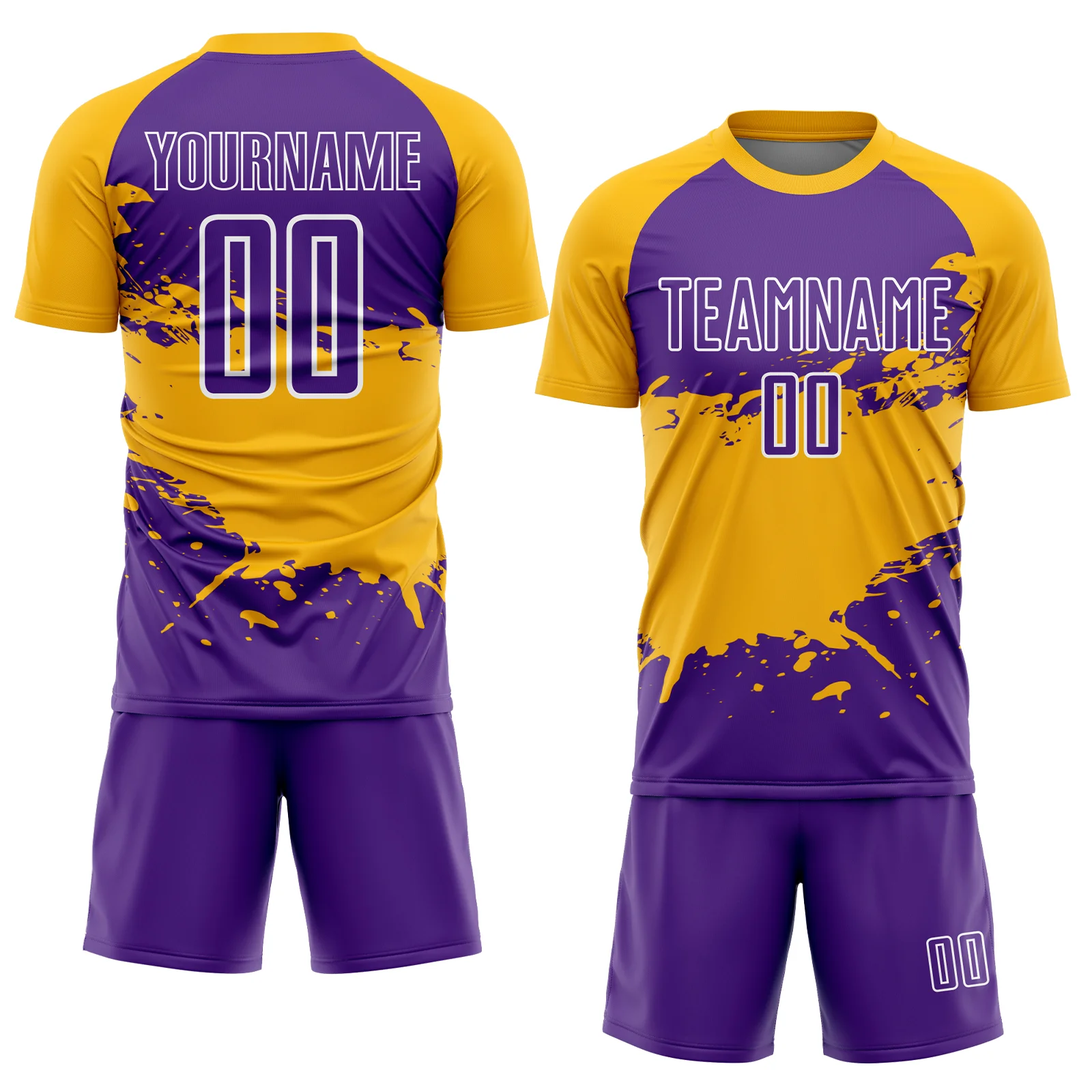 Custom Purple Gold-White Splash Sublimation Soccer Uniform Jersey - Image 2