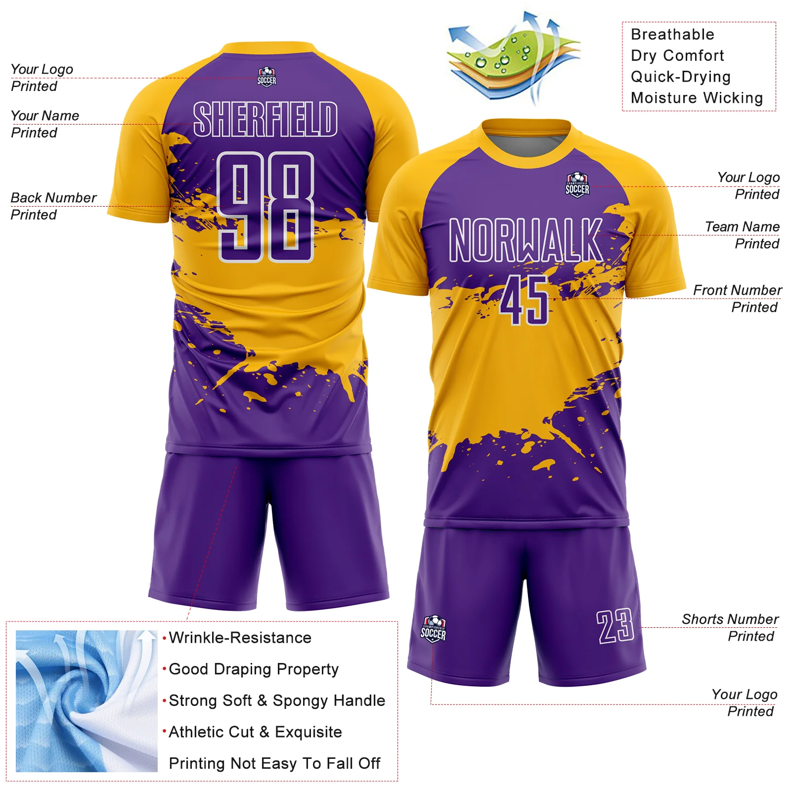 Custom Purple Gold-White Splash Sublimation Soccer Uniform Jersey - Image 4