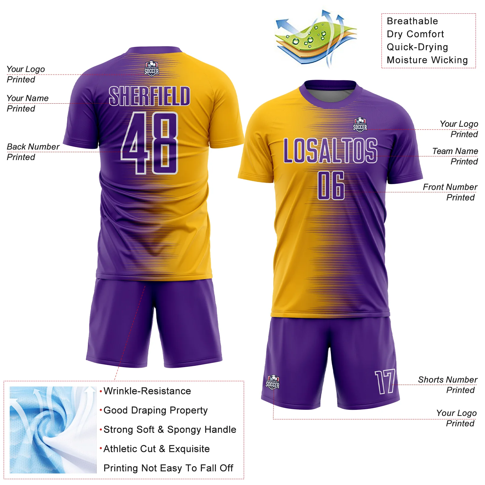 Custom Purple Gold-White Gradient Line Sublimation Soccer Uniform Jersey - Image 4