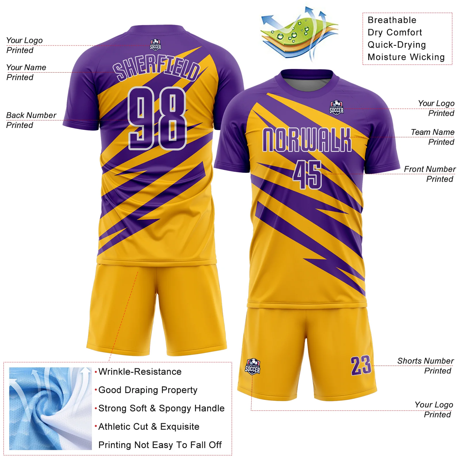 Custom Purple Gold-White Abstract Line Sports Sublimation Soccer Uniform Jersey - Image 4