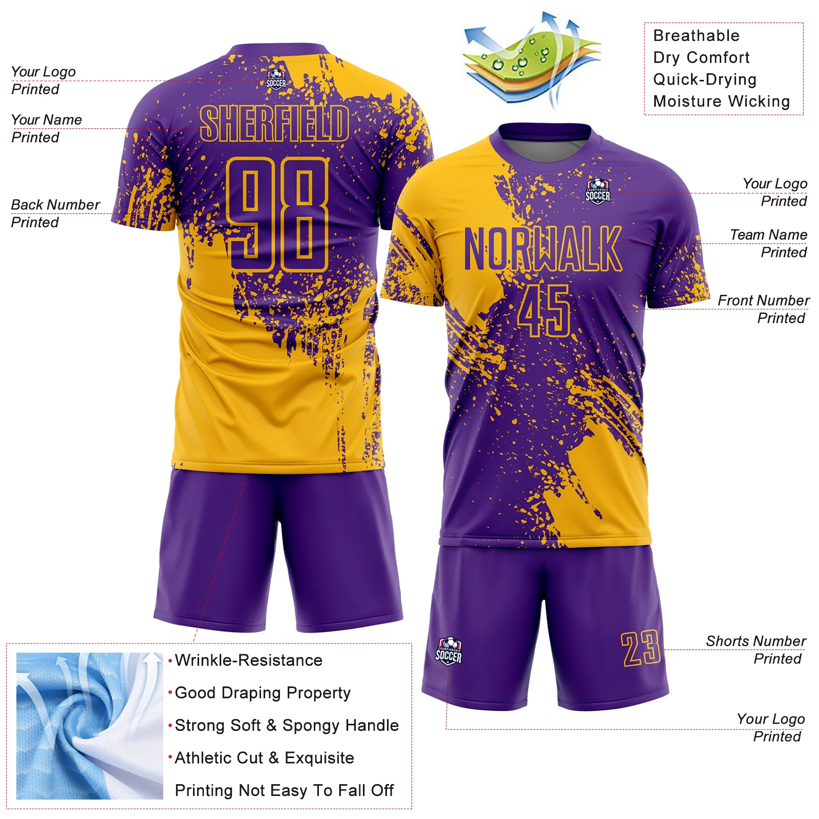 Custom Purple Gold Abstract Brush Stroke Sports Sublimation Soccer Uniform Jersey - Image 4