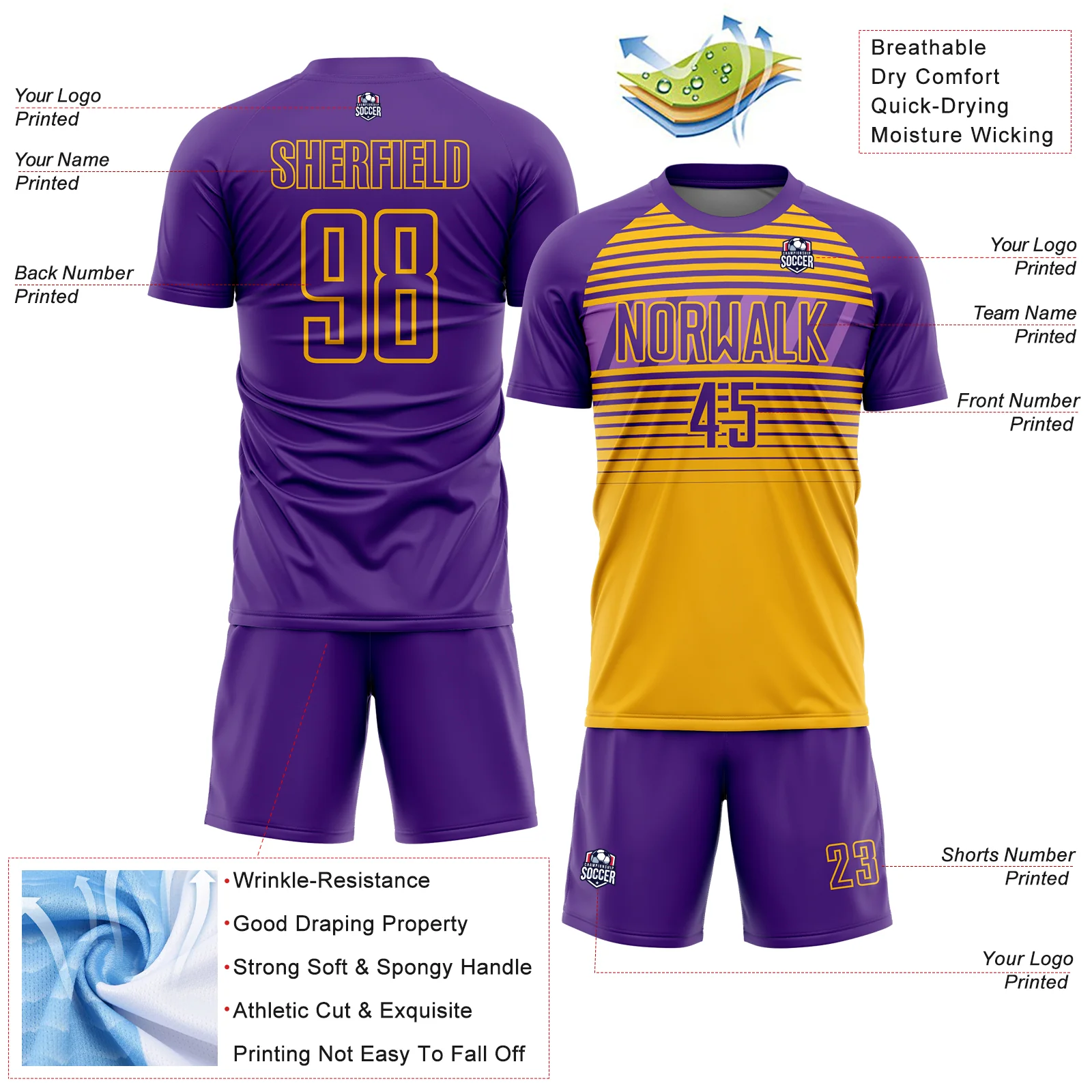 Custom Purple Gold-Medium Purple Gradient Horizontal Stripes Sublimation Soccer Uniform Jersey - Image 4