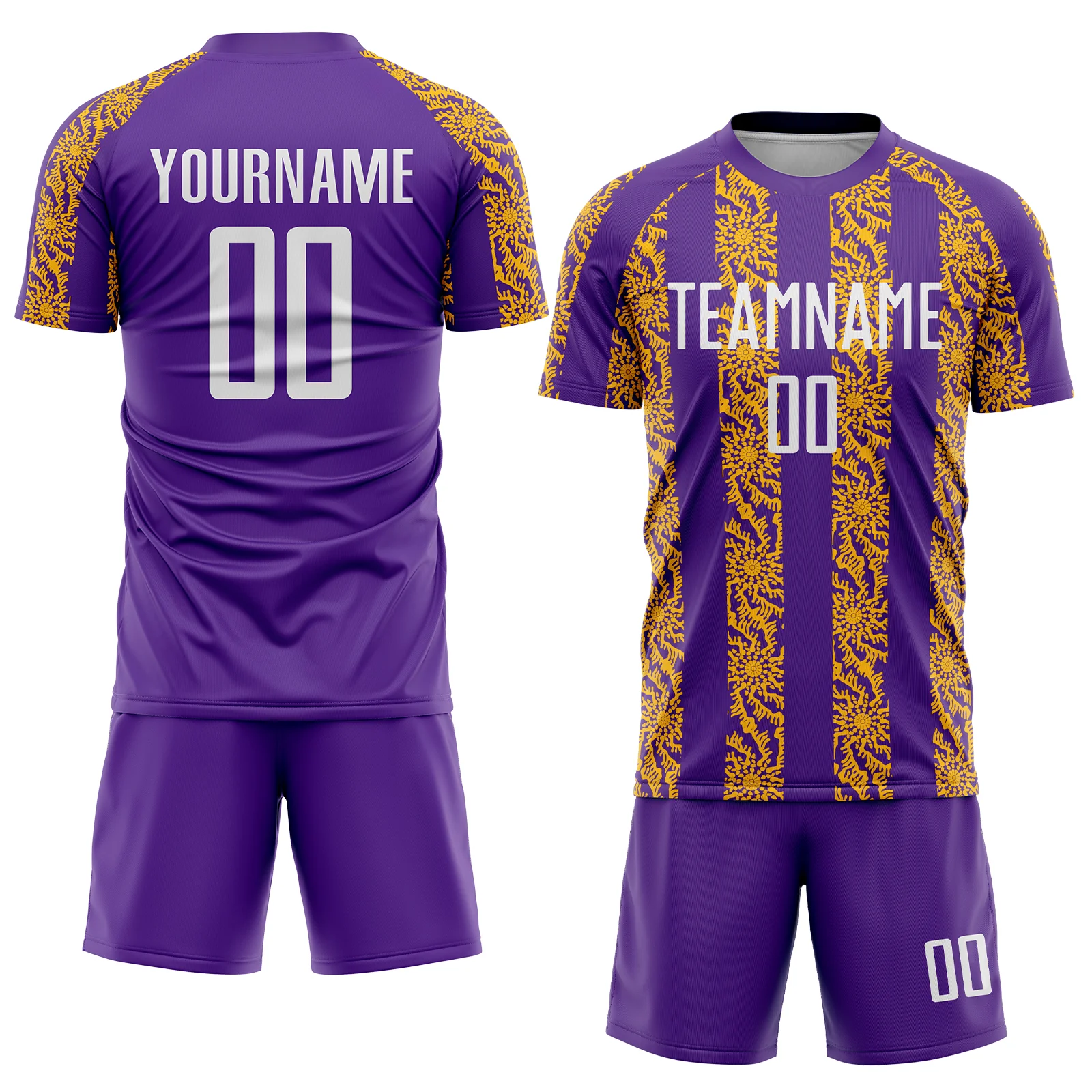 Custom Purple White-Gold Abstract Shape Sublimation Soccer Uniform Jersey - Image 2