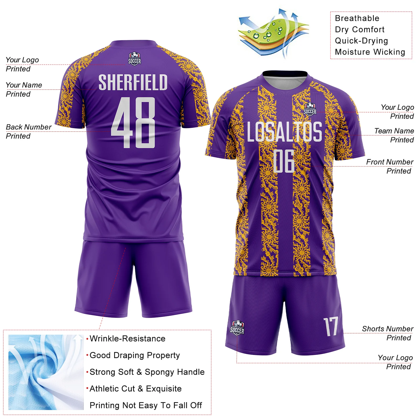 Custom Purple White-Gold Abstract Shape Sublimation Soccer Uniform Jersey - Image 4
