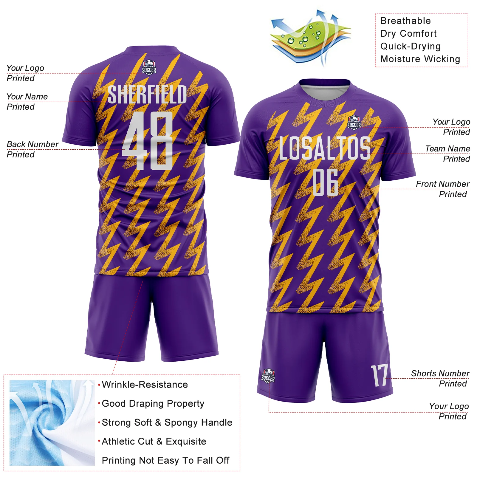 Custom Purple White-Gold Zigzag Shape Sublimation Soccer Uniform Jersey - Image 4