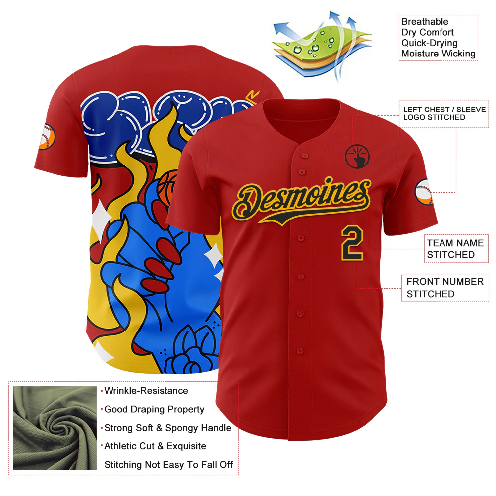 Custom Red Black-Gold 3D Alexandra Ramirez On Fire Street Art Authentic Baseball Jersey - Image 3