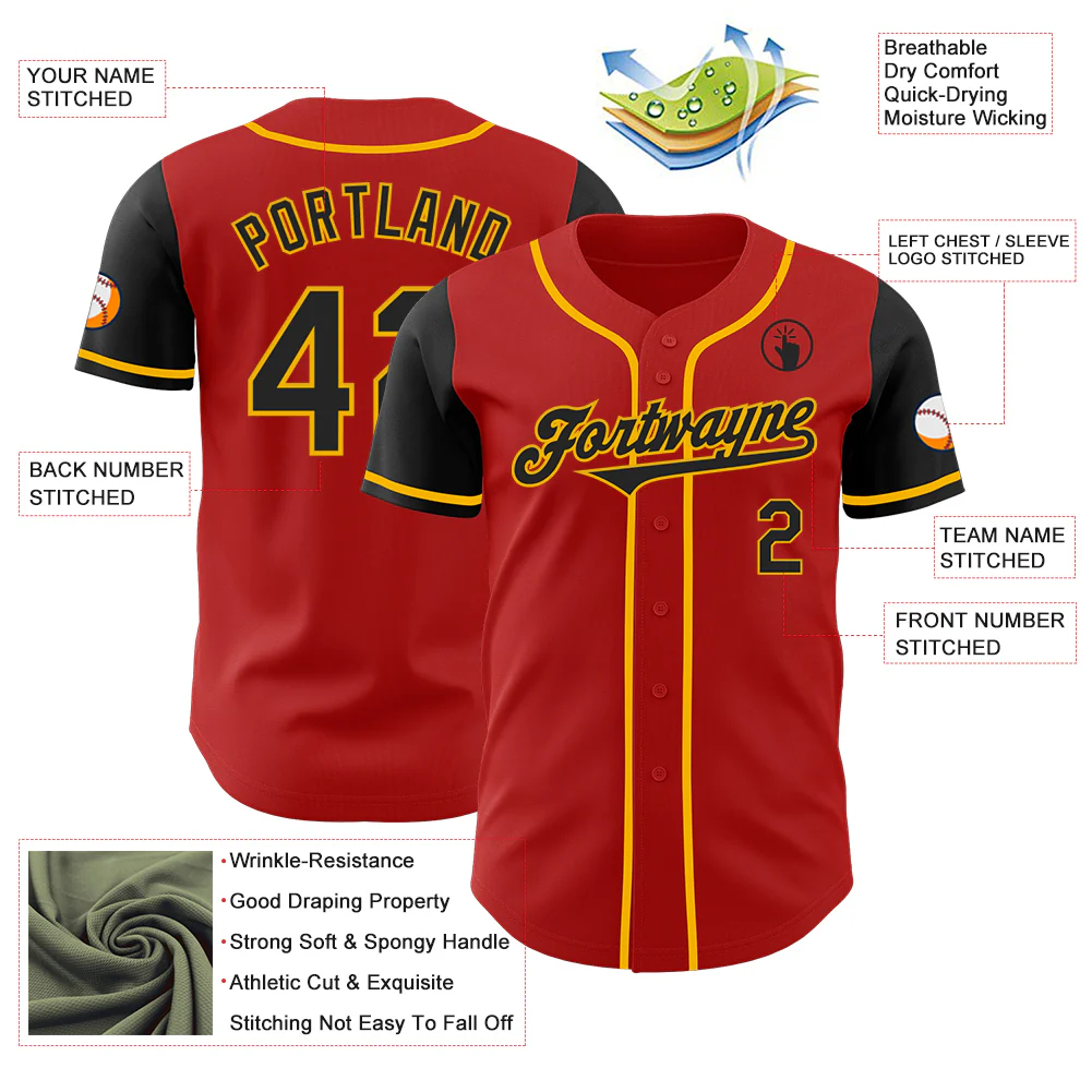 Custom Red Black-Gold Authentic Two Tone Baseball Jersey - Image 3