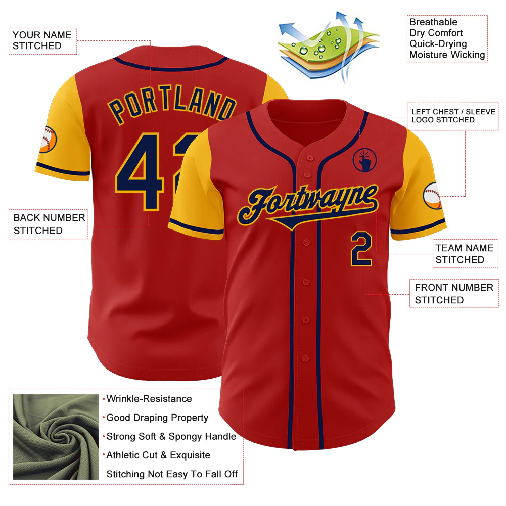 Custom Red Navy-Gold Authentic Two Tone Baseball Jersey - Image 3