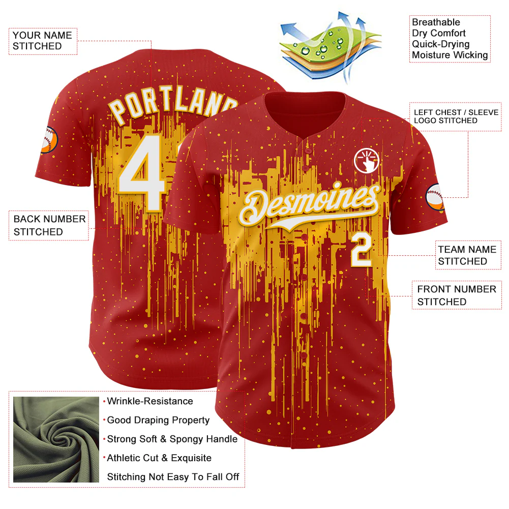 Custom Red White-Gold Dripping Splatter Paint Authentic Baseball Jersey - Image 3