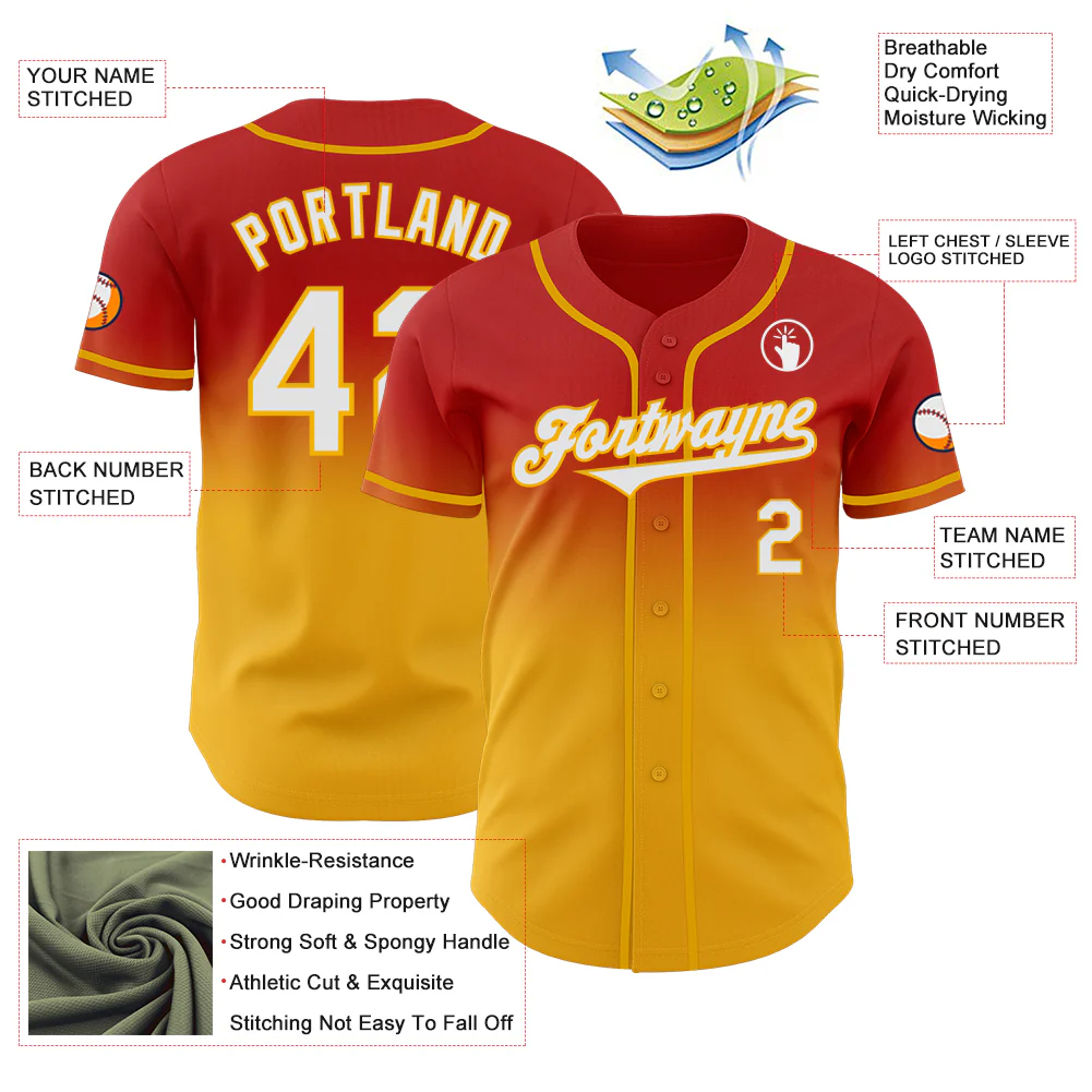 Custom Red White-Gold Authentic Fade Fashion Baseball Jersey - Image 3