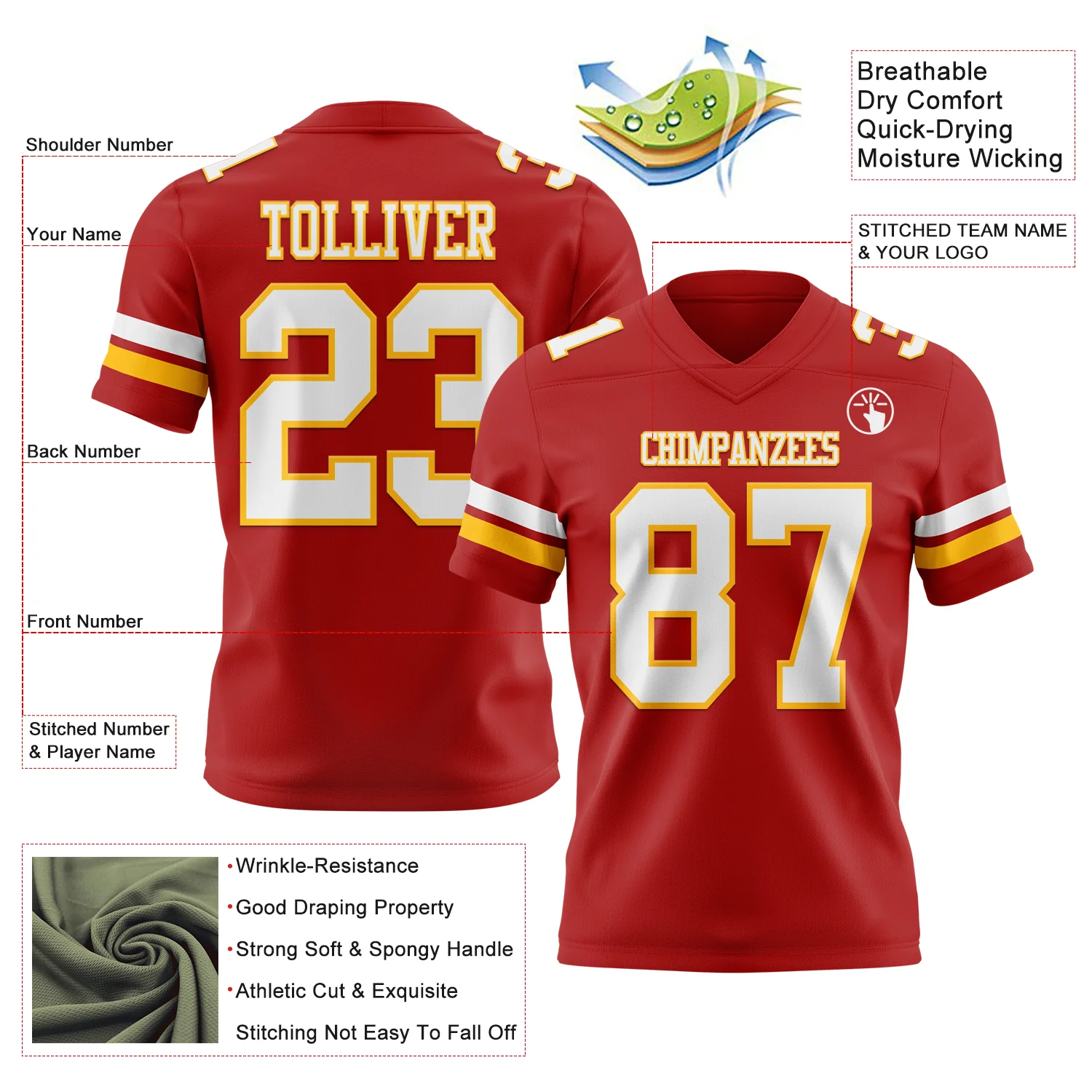 Custom Red White-Gold Authentic Football Jersey - Image 3