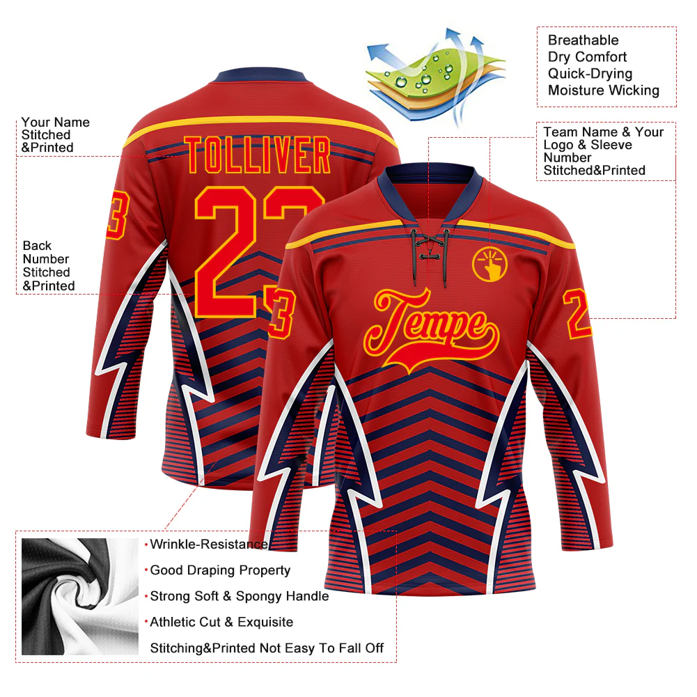 Custom Red Fire Red Gold Navy-White Abstract Pattern Graphic Cyber Mecha E-sport Hockey Lace Neck Jersey - Image 5