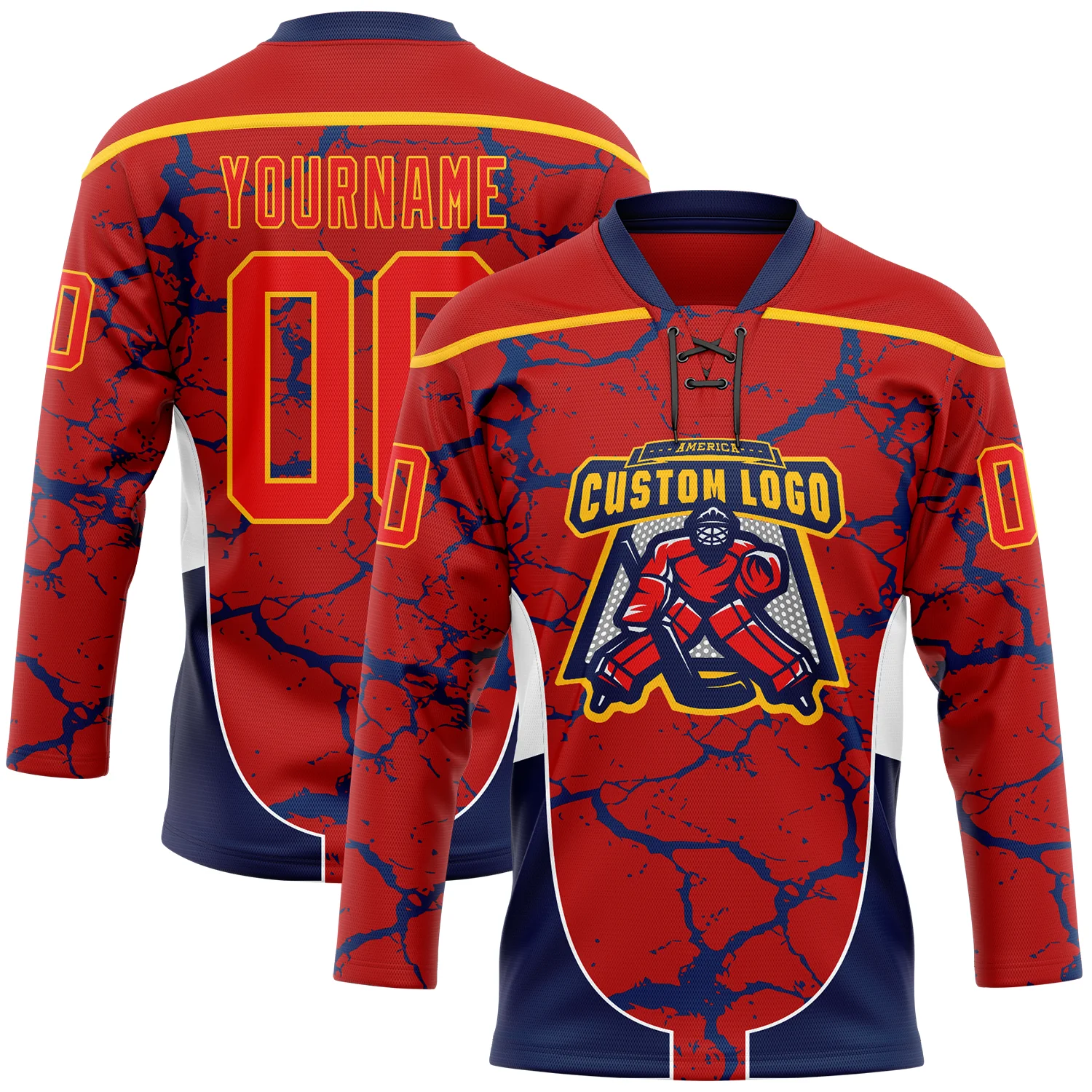 Custom Red Fire Red Gold Navy-White Abstract Pattern Graphic Cyber Mecha E-sport Hockey Lace Neck Jersey - Image 2