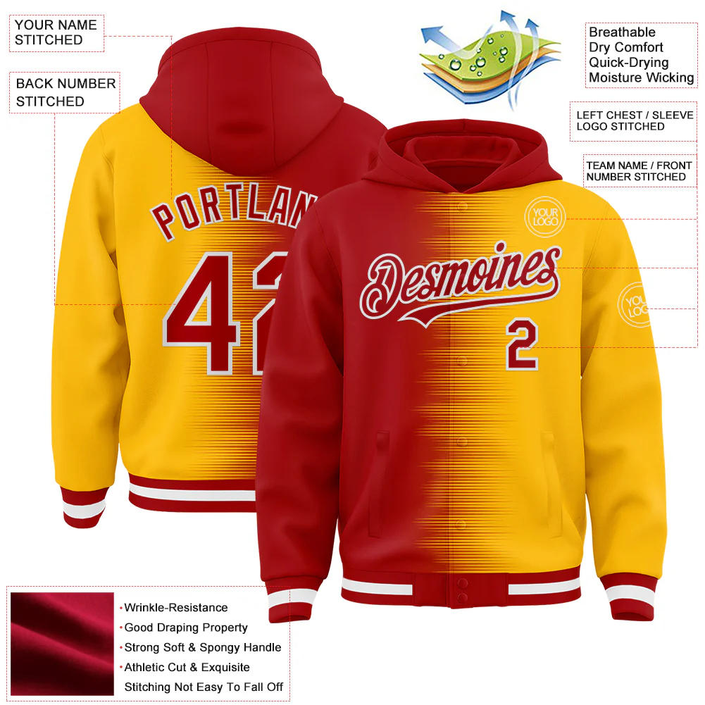 Custom Red Gold-White Gradient Line Bomber Full-Snap Varsity Letterman Hoodie Jacket - Image 4