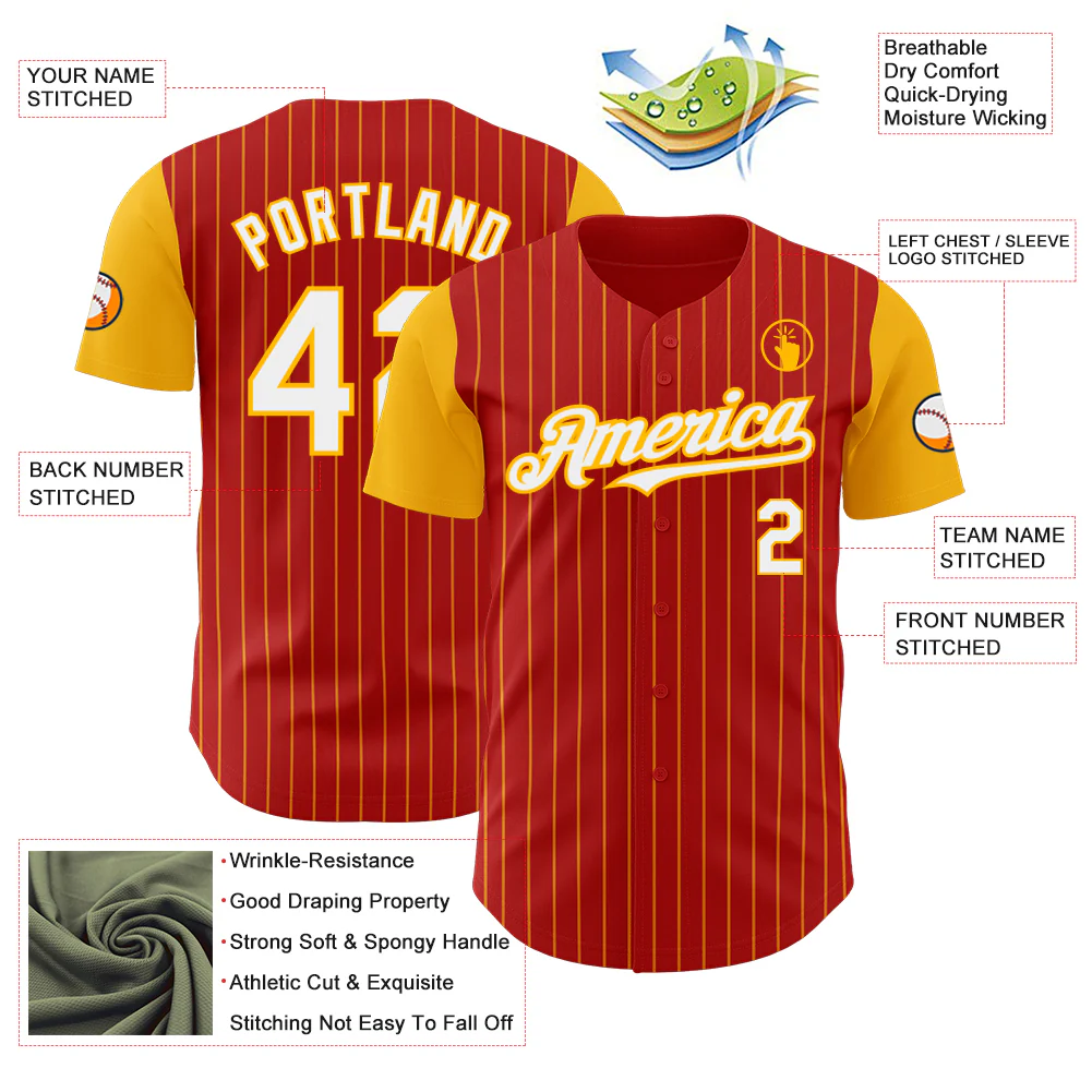 Custom Red Gold Pinstripe White Authentic Two Tone Baseball Jersey - Image 3