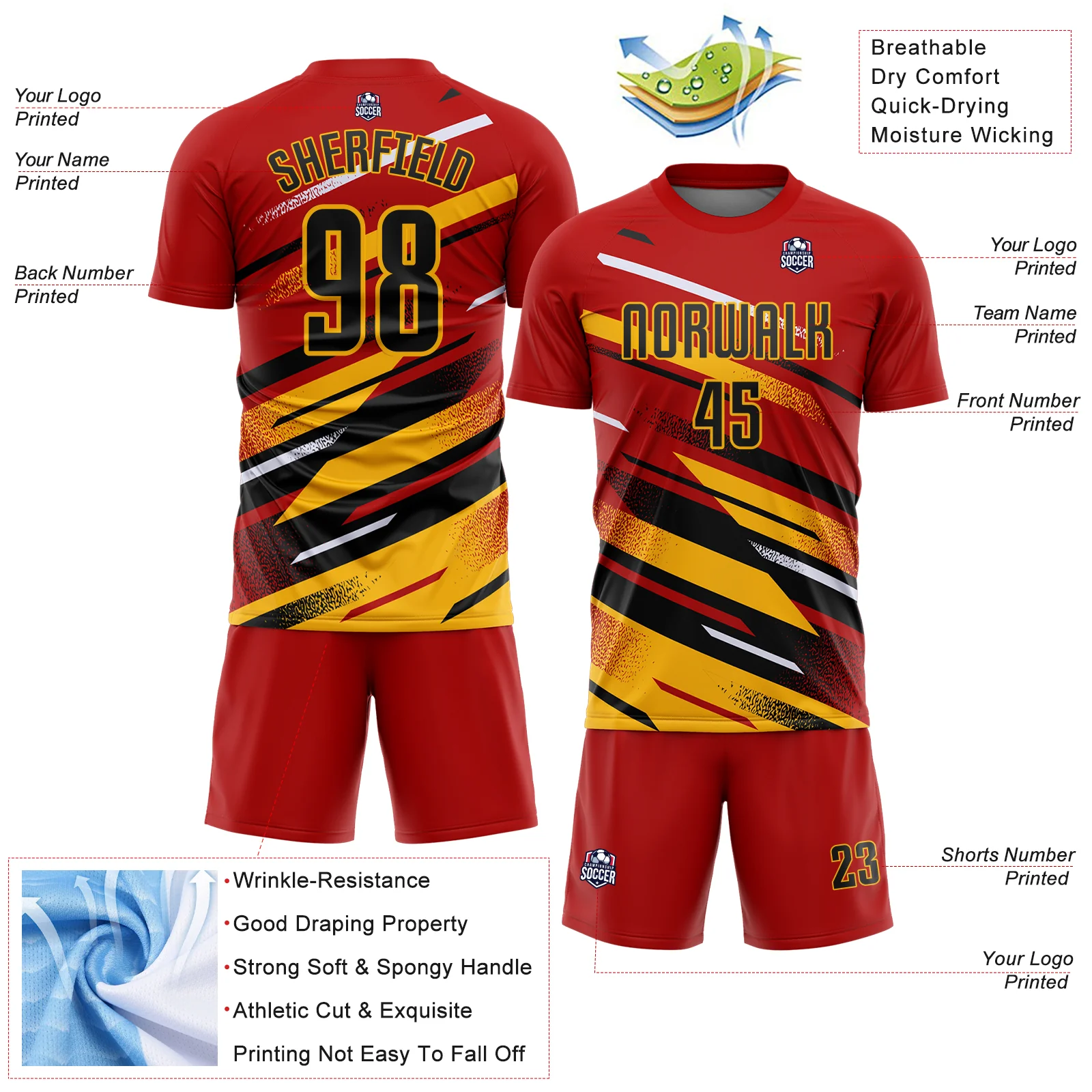 Custom Red Black Gold-White Grunge Stripe And Grainy Sports Sublimation Soccer Uniform Jersey - Image 4